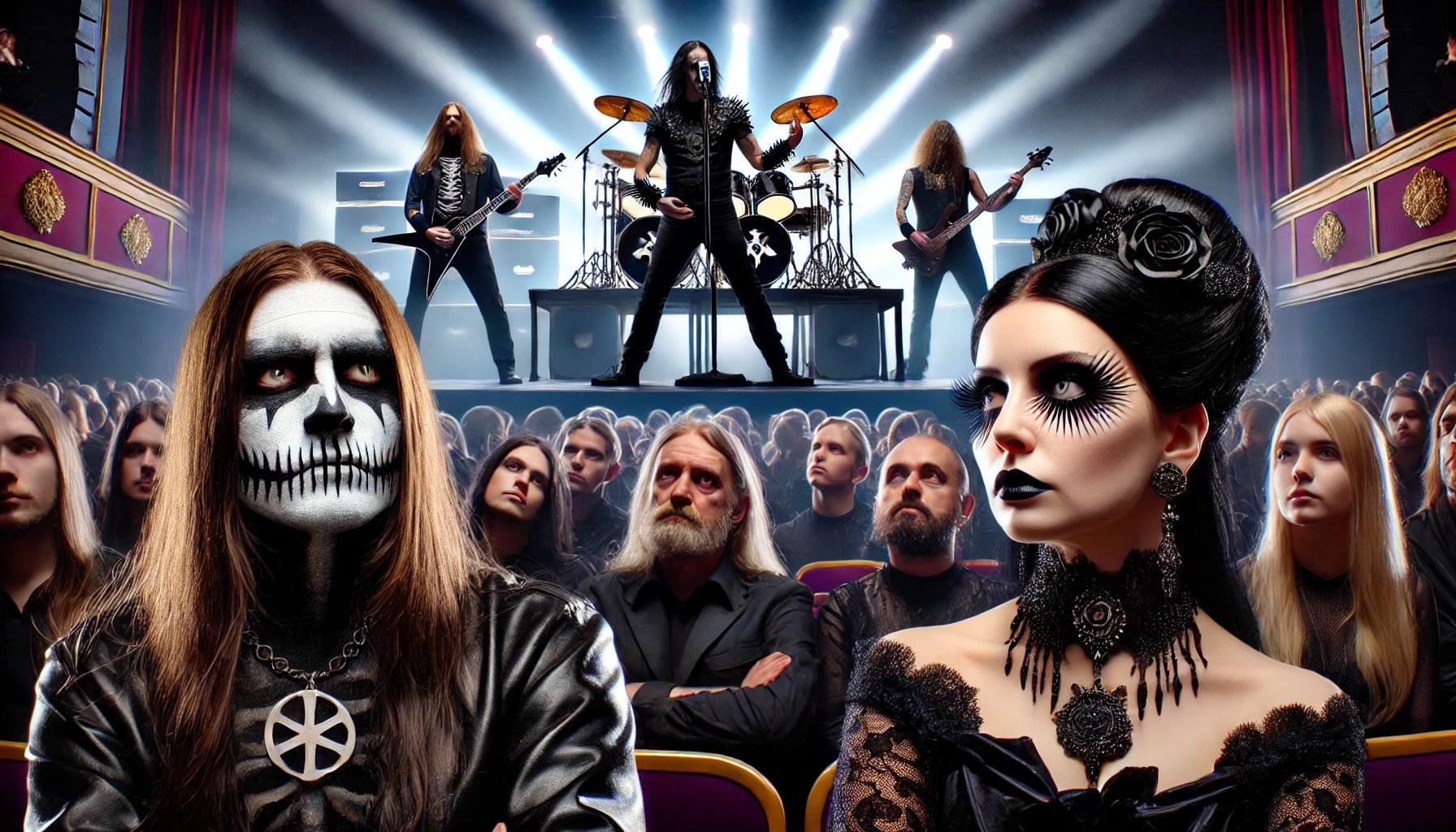 A powerful visual representation of the decline of authenticity in modern metal bands, showing a polished, commercialized band on stage while a black metalhead man and gothic woman stand in the foreground, representing authentic metal fans.