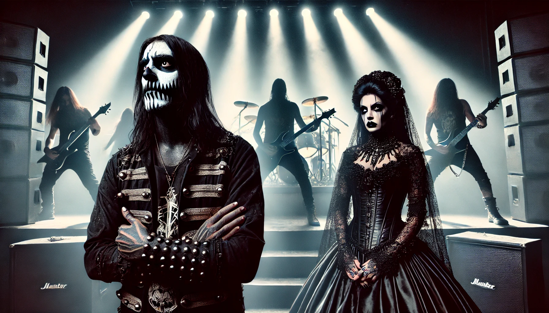 A powerful and provocative image capturing the decline of authenticity in modern metal bands, featuring a disillusioned black metalhead man and a gothic woman standing in the audience, contrasting with the overproduced band on stage.