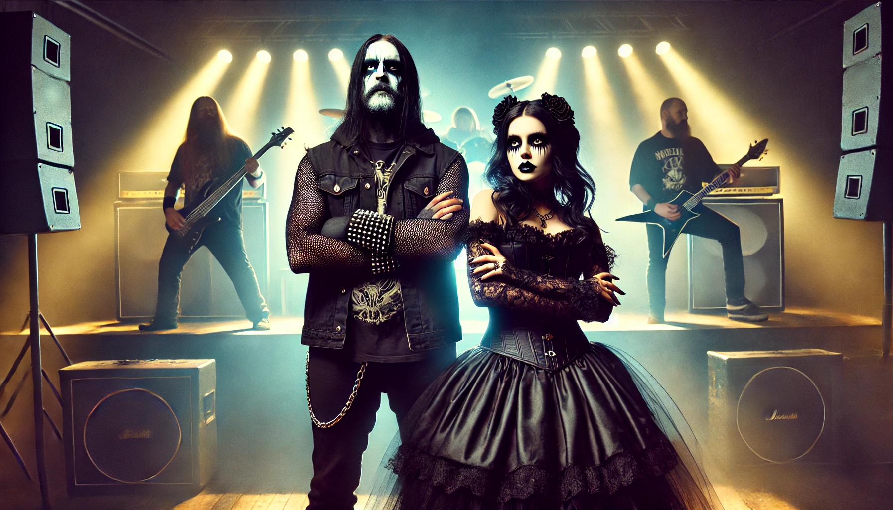 An evocative image capturing the decline of authenticity in modern metal bands, featuring a commercialized band on stage with a black metalhead man and gothic woman standing in the foreground, symbolizing the struggle between true metal spirit and its modern facade.