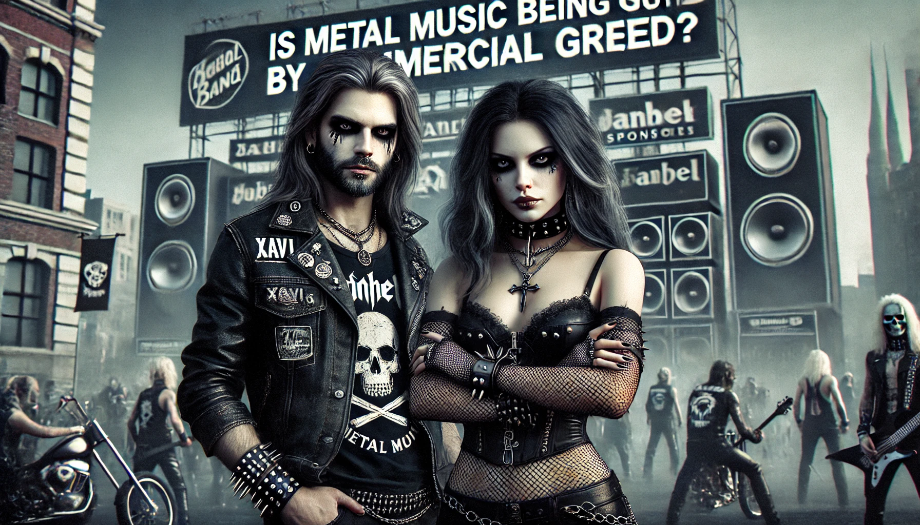 A couple standing against a large corporate-sponsored stage with defiant expressions, highlighting the contrast between their authenticity and the commercialized environment around them, emphasizing Commercial Greed.