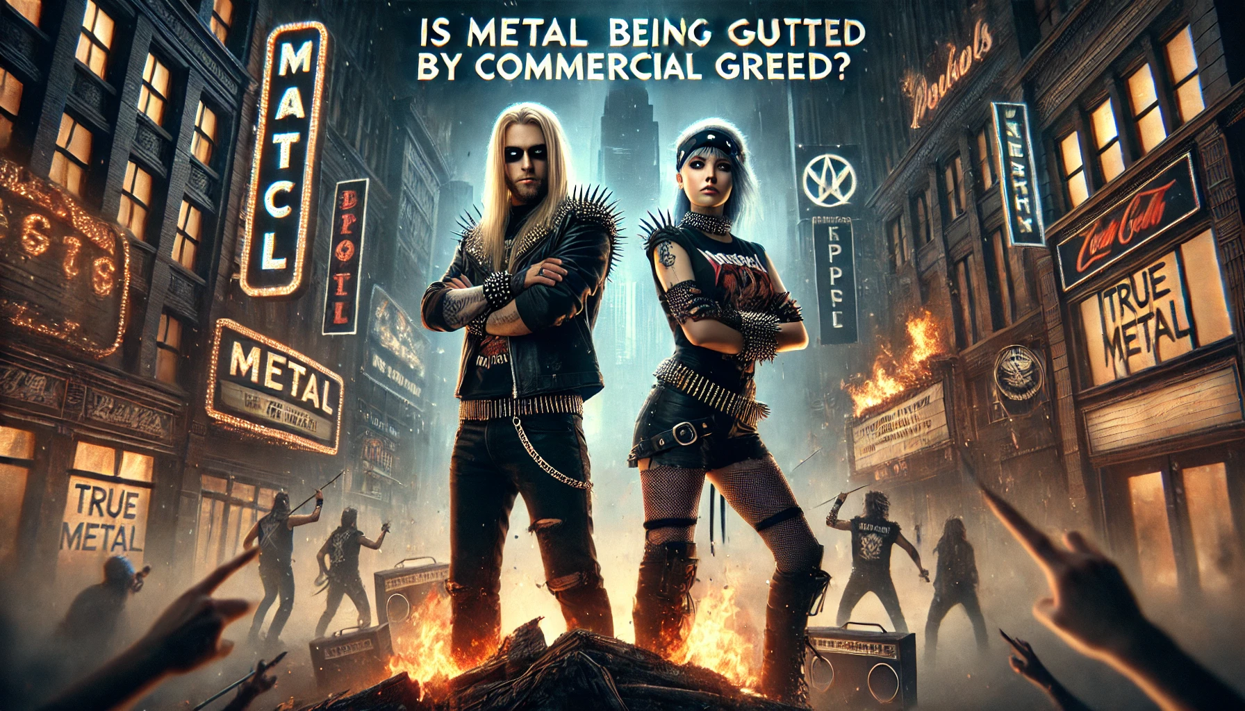 A couple standing strong in a post-apocalyptic city, surrounded by burning buildings and rebellious metal fans, resisting the commercial takeover of metal music and Commercial Greed. 