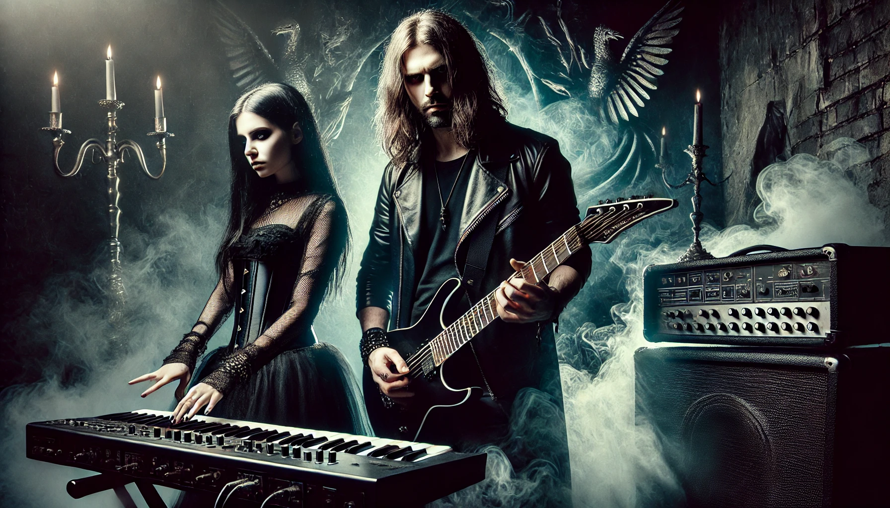 A dark, atmospheric scene with a man and woman, both with long black hair, standing together in a gothic, shadow-filled environment. The man holds an electric guitar while the woman stands by a synthesizer, both exuding an intense, rebellious energy.