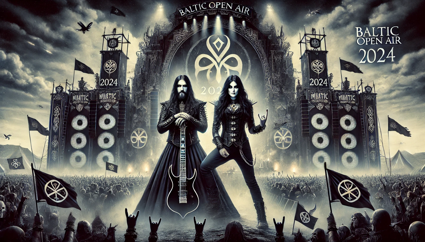 An iconic image capturing the essence of the Baltic Open Air 2024 festival, with a man and woman with long black hair dressed in black, standing commandingly in front of the festival stage, surrounded by metalheads, flags, and the festival’s signature gothic atmosphere.