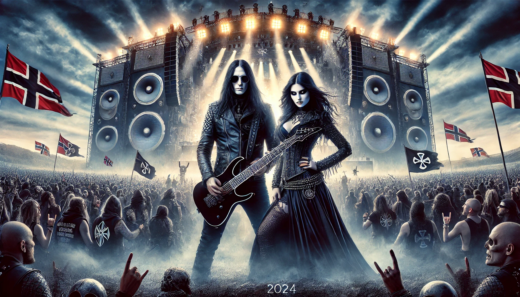 A striking and iconic image representing the Baltic Open Air 2024 festival, with a man and woman with long black hair dressed in black, standing fiercely before the main stage, amidst dramatic lighting and a sea of metal fans waving Viking-themed banners. 
