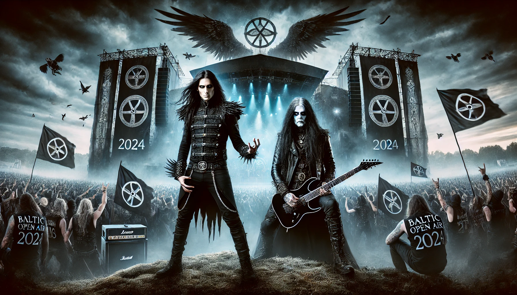 An epic and iconic image representing the Baltic Open Air 2024 festival, featuring a man and woman with long black hair dressed in black, standing boldly in front of a massive stage, surrounded by an energized crowd of metalheads and symbols of Viking heritage.