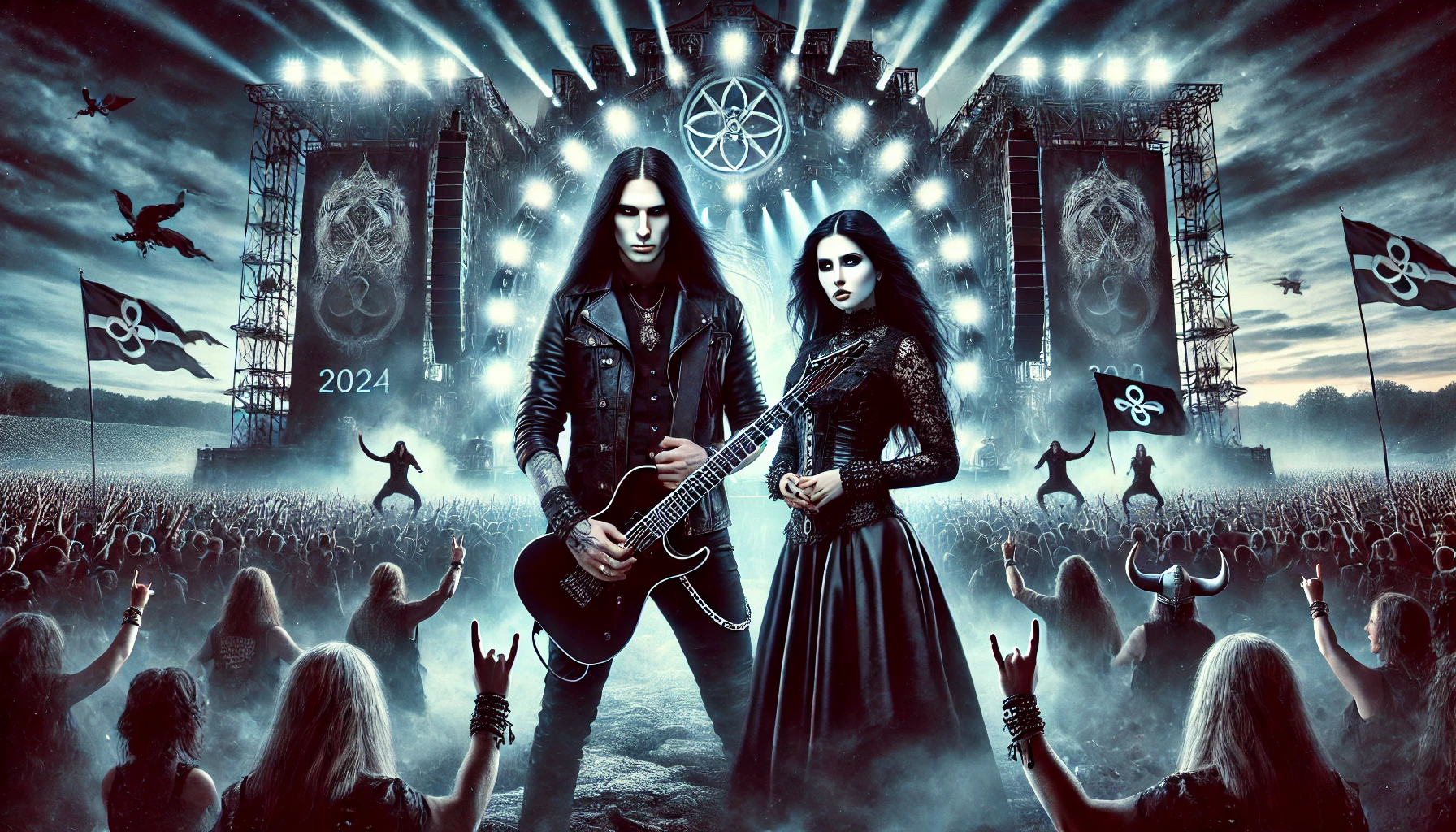 A dramatic and iconic image representing the Baltic Open Air 2024 festival, depicting a man and woman with long black hair dressed in black, standing triumphantly in front of the main stage with intense lighting, surrounded by cheering metal fans and Viking symbols.