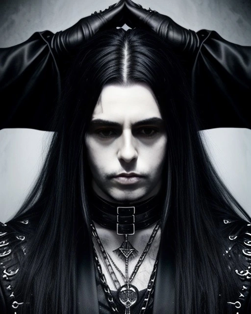 A gothic vampire man with long black hair, wearing a black leather jacket with silver buckles, staring intensely with gloved hands raised.