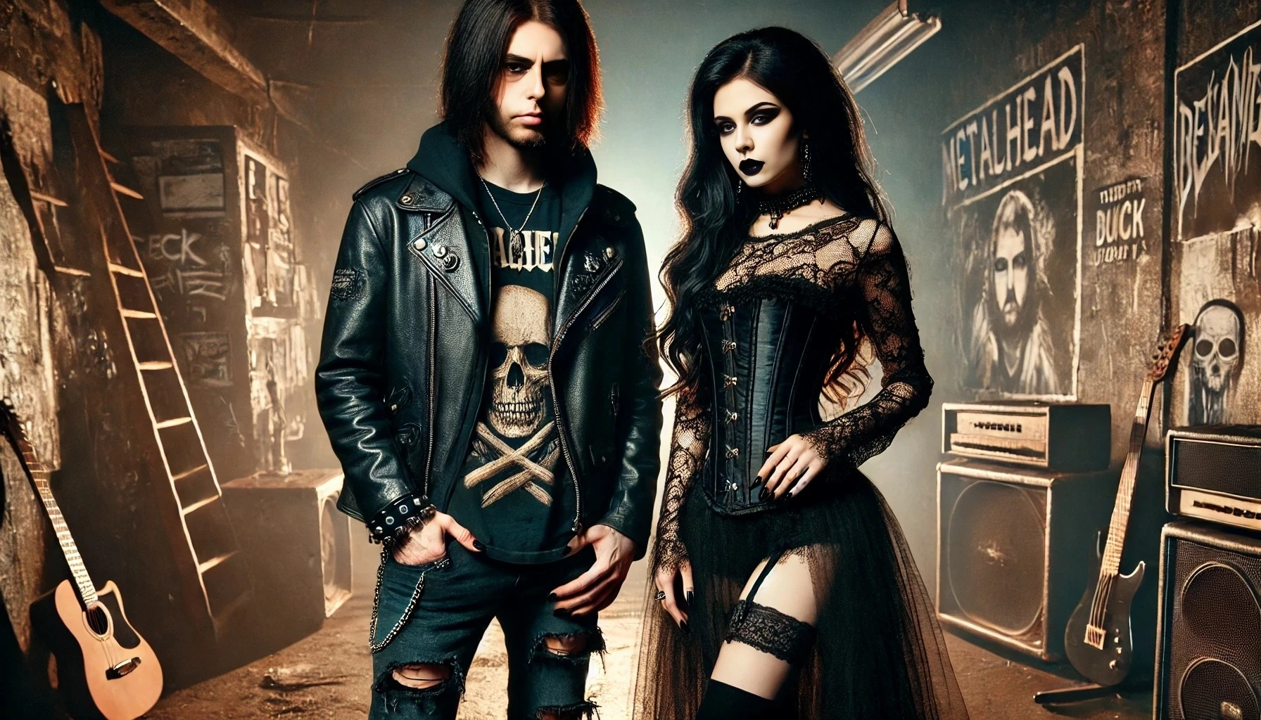 Metalhead man with long black hair and goth woman in a black lace top and latex mini skirt, standing in an industrial setting with speakers and graffiti.
