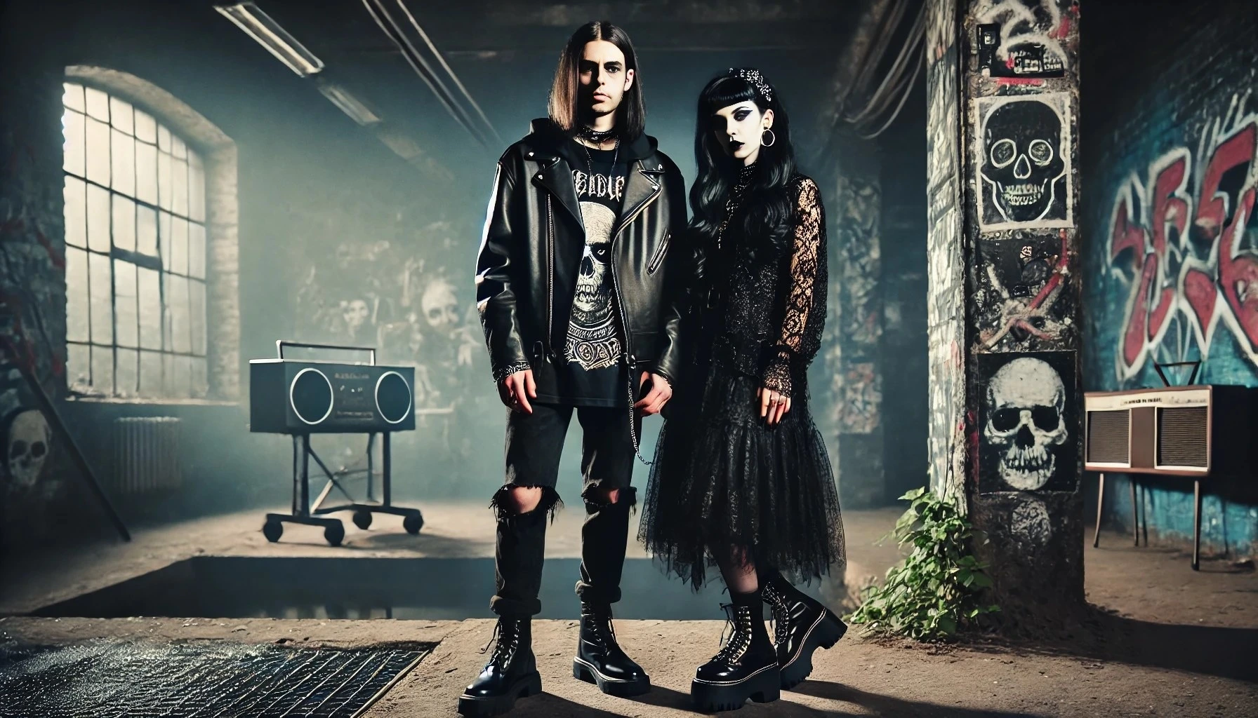 Metalhead man with long black hair and goth woman in a black lace dress, standing in an industrial setting with graffiti, a large speaker, and a window in the background.