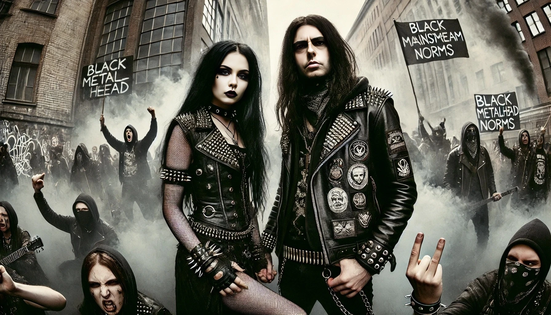 A gothic metalhead rebellious woman and a black metalhead man standing together in a riot against mainstream norms. The woman has long black hair, wears leather clothing with a spiked collar, and has a fierce expression. The man also has long black hair, wears a leather jacket with band patches, and has a stoic yet intense look. They are surrounded by a chaotic scene with protest signs, smoke, and graffiti, exuding an aura of defiance and individuality.