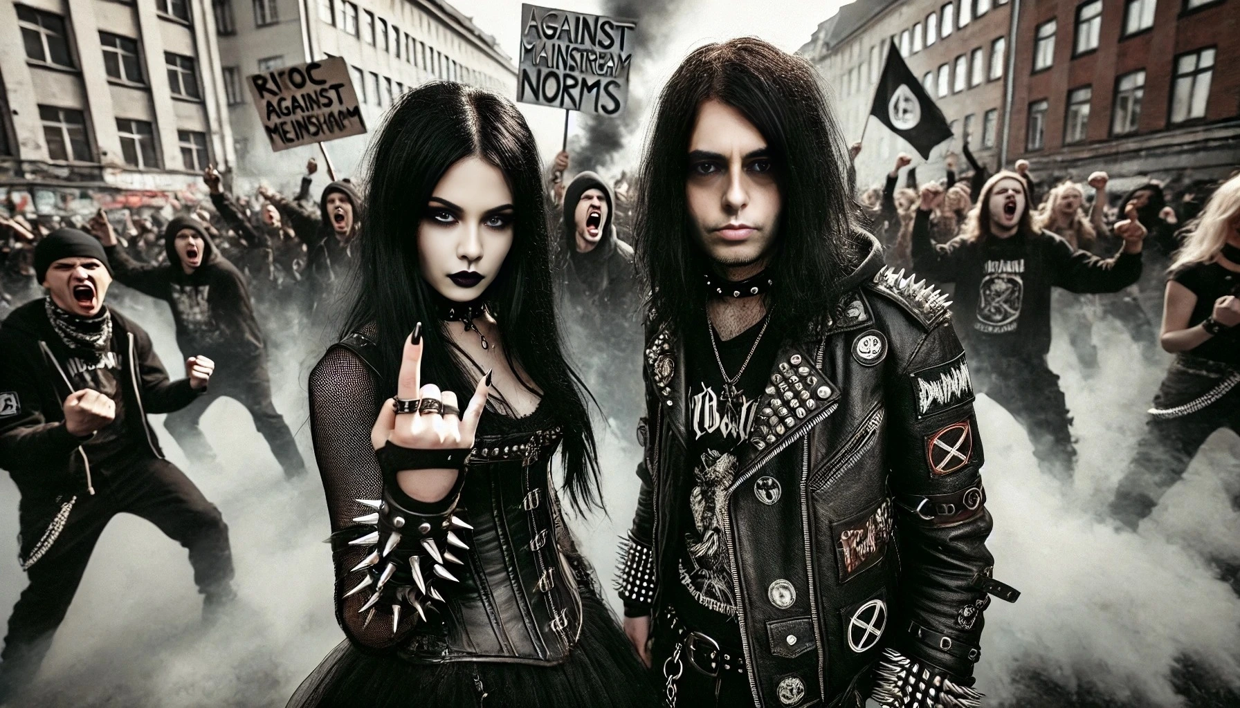 A gothic metalhead rebellious woman and a black metalhead man standing together in a riot against mainstream norms. The woman has long black hair, wears leather clothing with a spiked collar, and has a fierce expression. The man also has long black hair, wears a leather jacket with band patches, and has a stoic yet intense look. They are surrounded by a chaotic scene with protest signs, smoke, and graffiti, exuding an aura of defiance and individuality.