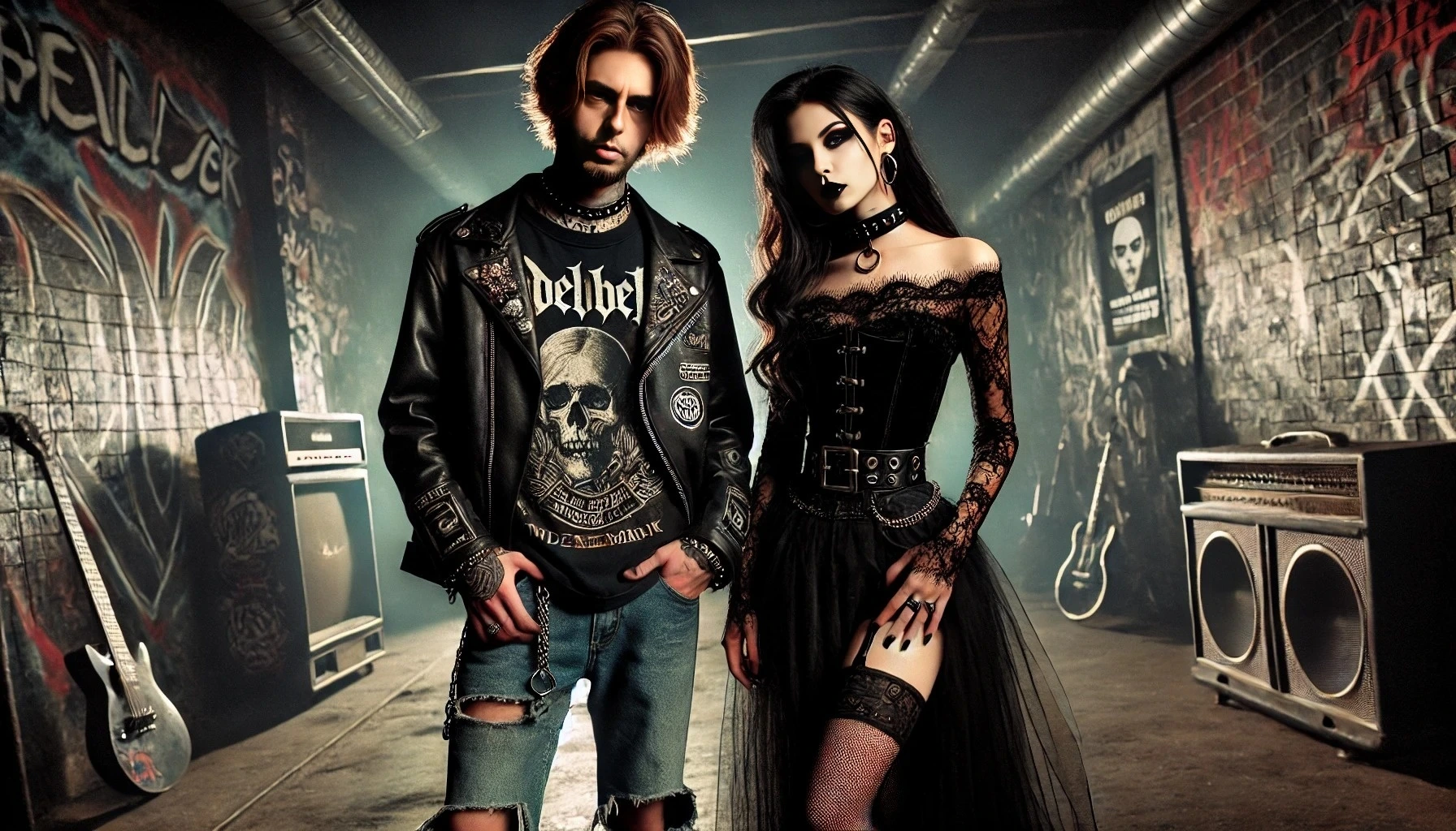 Metalhead man in a leather jacket and band t-shirt, and goth woman in a black lace dress with dramatic makeup, standing in an industrial setting with musical instruments and posters.