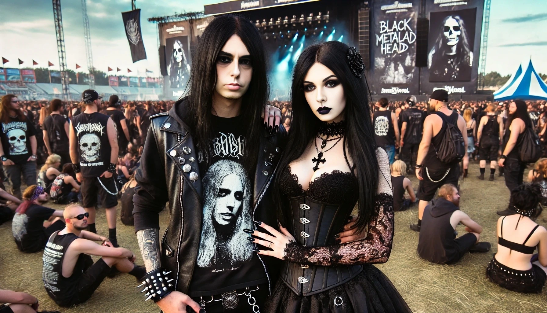 Gothic woman and black metalhead man standing together at a music festival, with a lively crowd and band banners in the background. The woman is in a black lace dress, and the man in a band t-shirt and leather jacket.