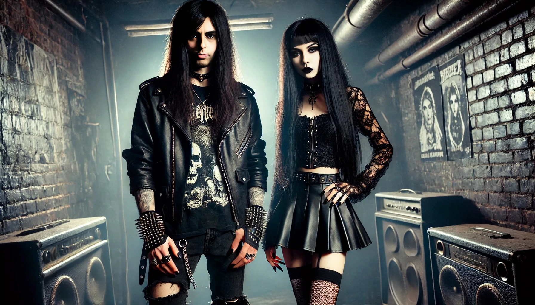 Metalhead man with very long black hair and goth woman in a shiny, slim-fit latex mini skirt and corset, standing in an industrial setting with graffiti and posters of underground bands.
