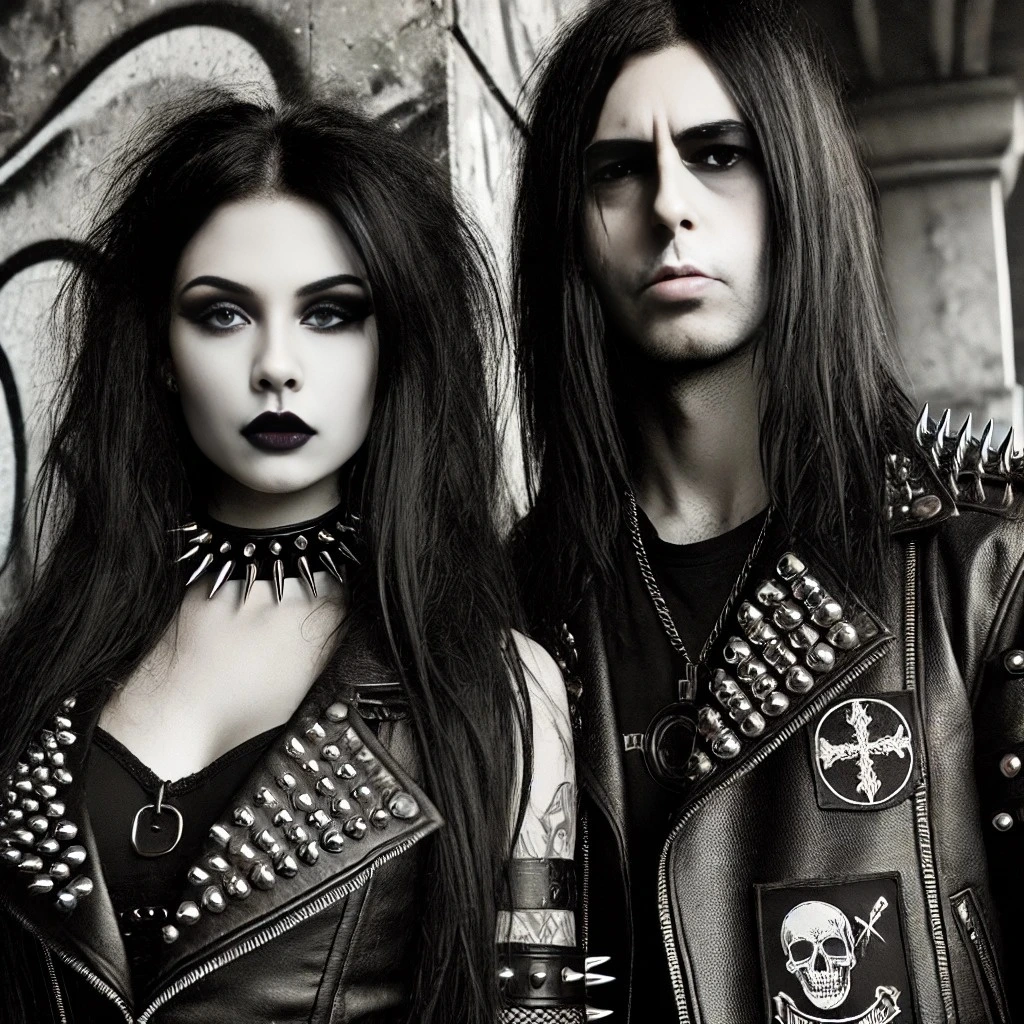 A gothic metalhead rebellious woman and a black metalhead man standing together in a riot against mainstream norms. The woman has long black hair, wears leather clothing with a spiked collar, and has a fierce expression. The man also has long black hair, wears a leather jacket with band patches, and has a stoic yet intense look. They are surrounded by a chaotic scene with protest signs, smoke, and graffiti, exuding an aura of defiance and individuality.
