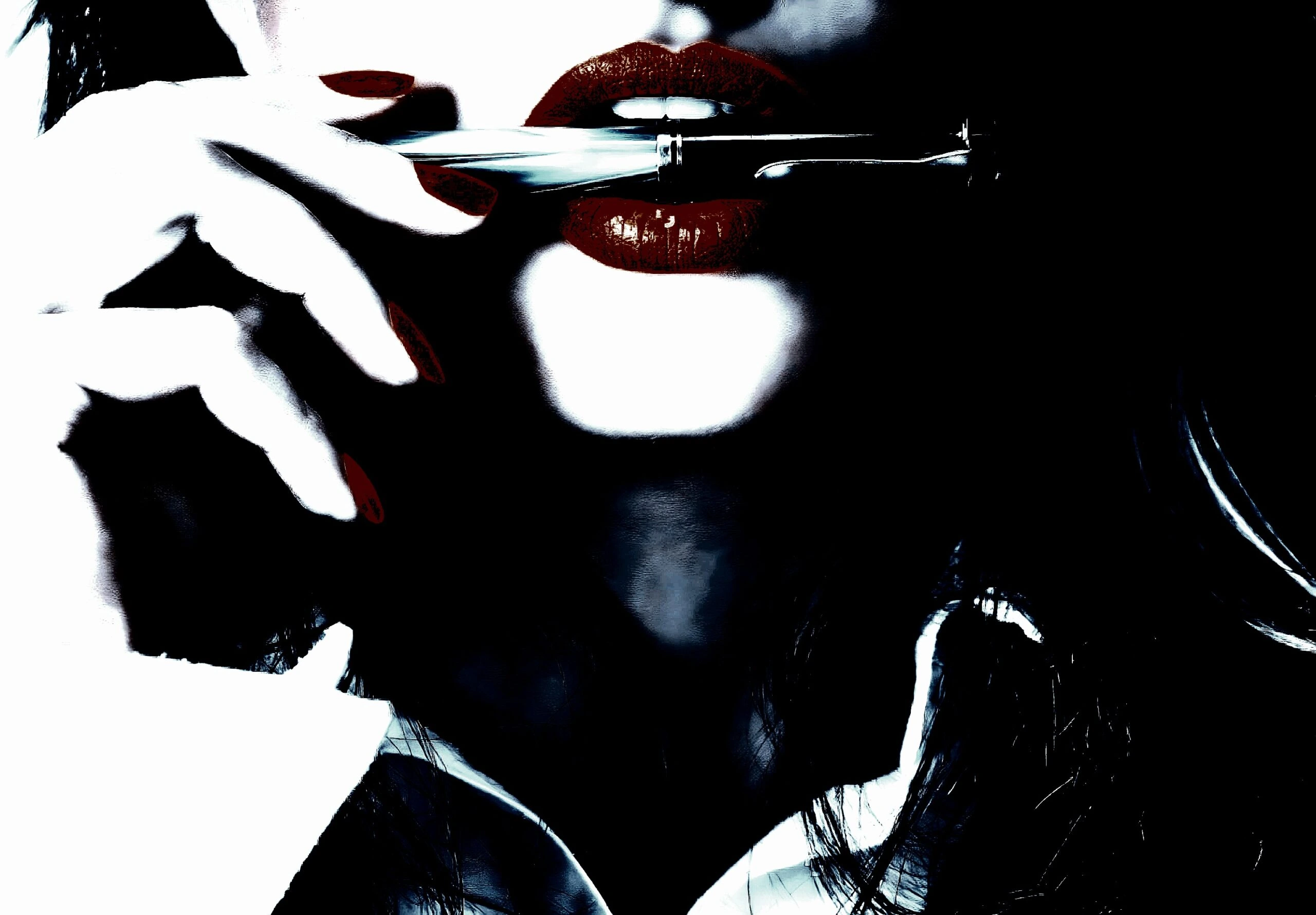 Close-up of a woman's lips with red lipstick and red nails holding a pen in her mouth, evoking a sense of mystery