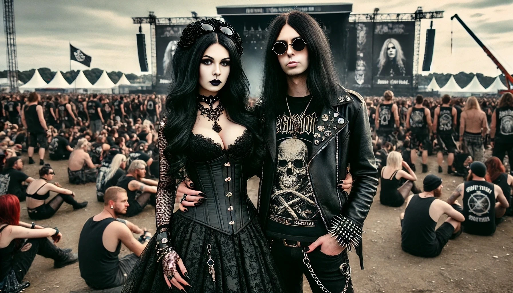 Gothic woman and black metalhead man standing close together at a metal festival, with stages, crowds, and band banners in the background. The woman is in a black lace dress, and the man in a leather jacket and band t-shirt.