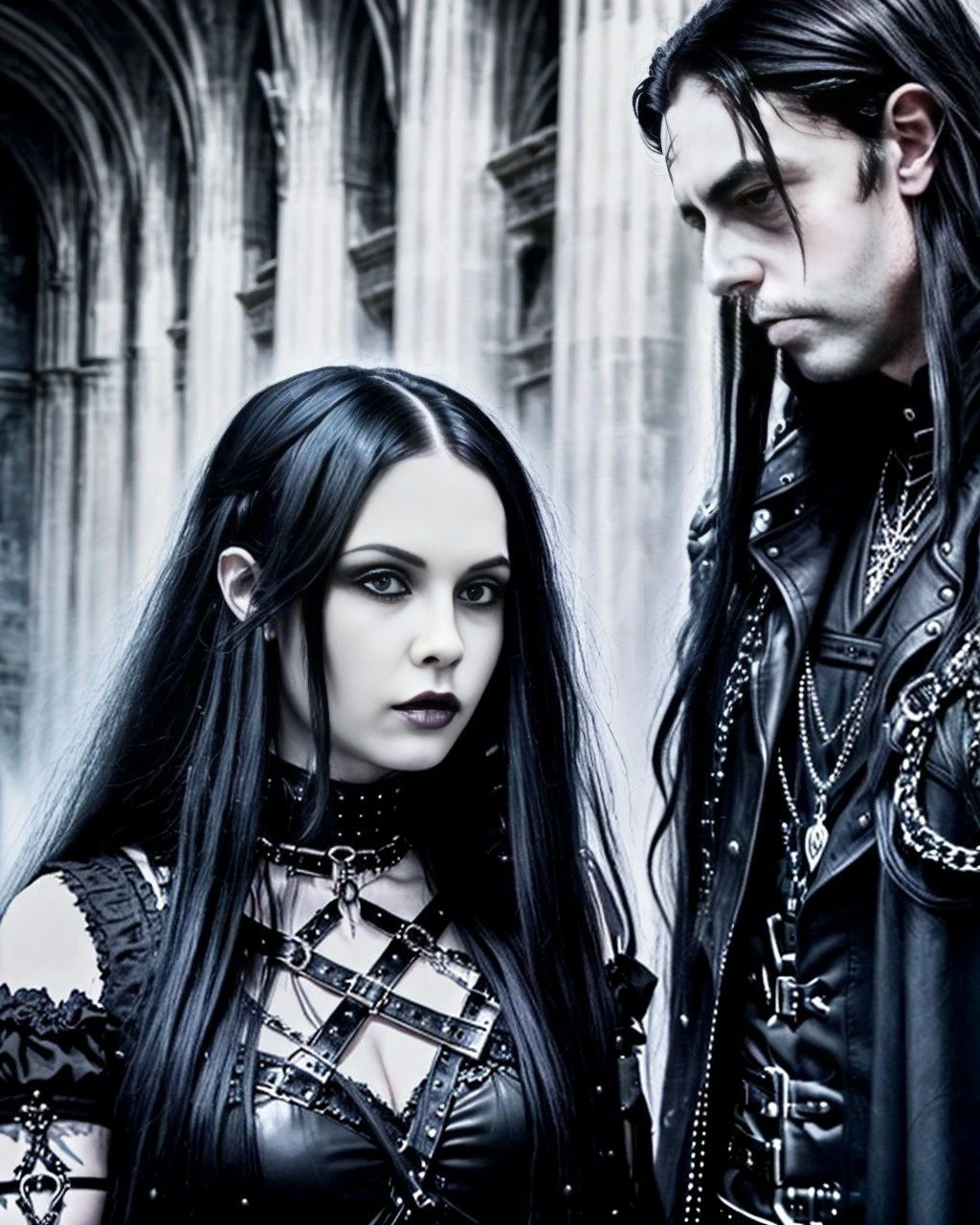 A gothic vampire couple, a man and a woman with long black hair, dressed in black leather and gothic accessories, standing in front of gothic architecture.