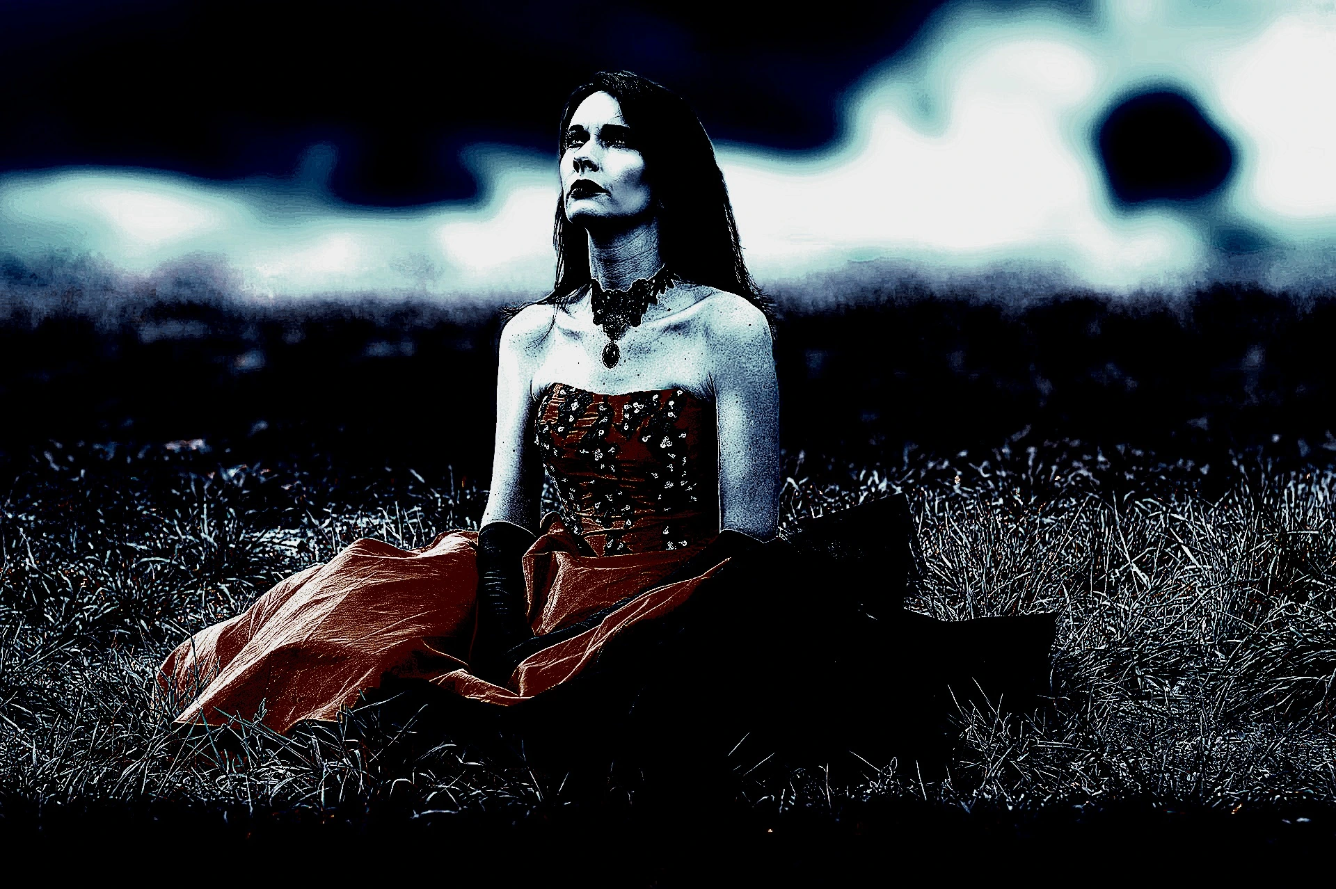 A woman in a Gothic Maxi Dress