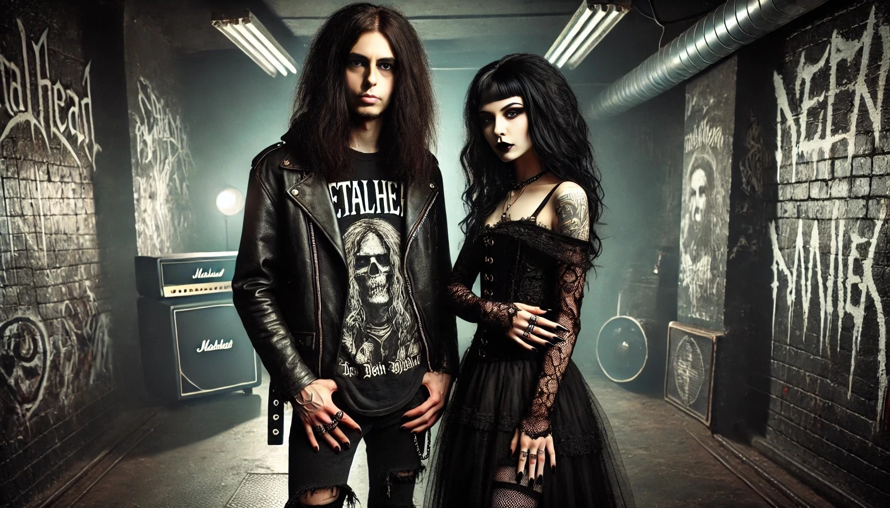 Metalhead man with very long black hair and goth woman in a black lace dress, standing in an industrial setting with graffiti and posters of underground bands."