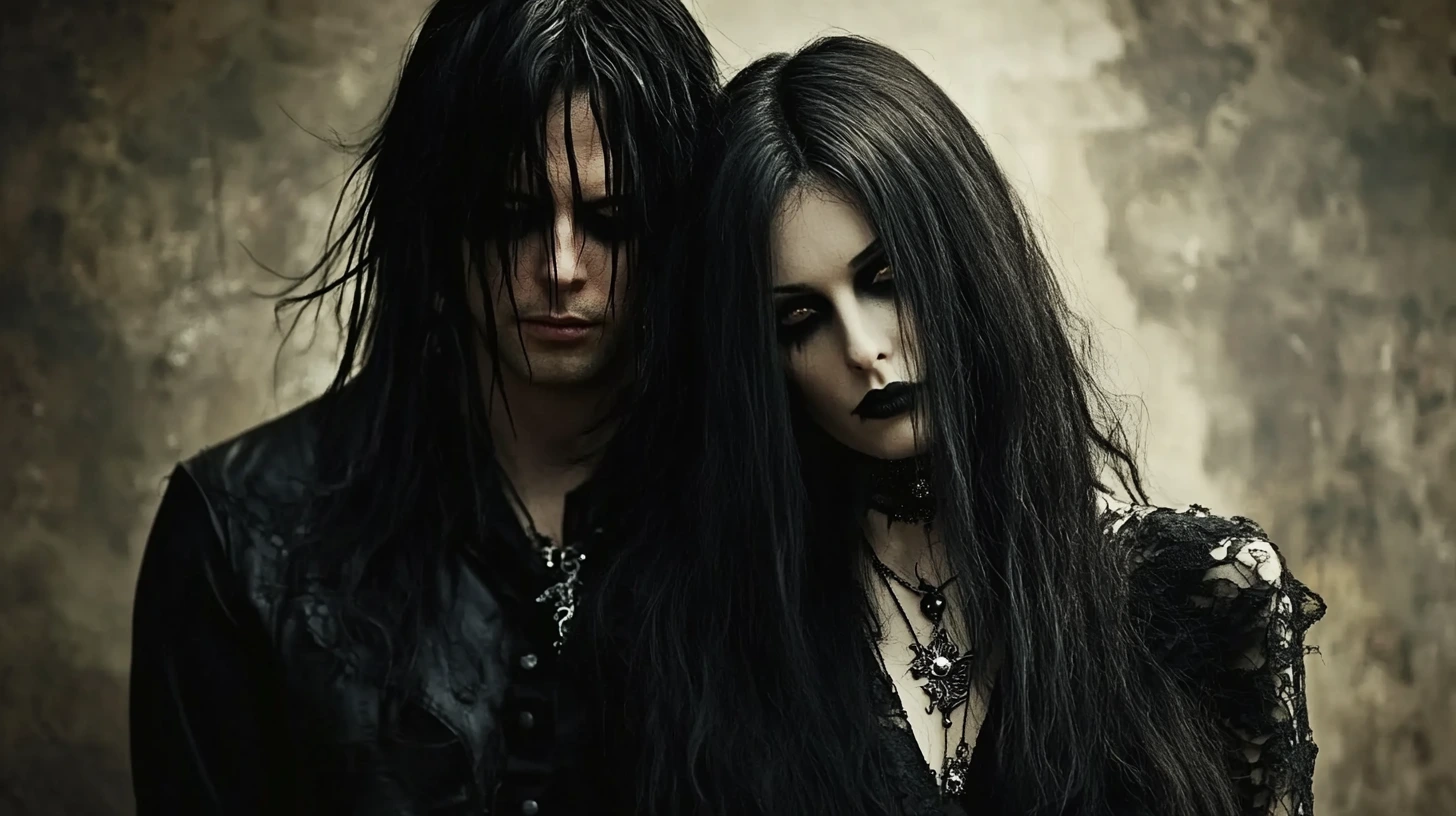 A black metalhead man and a gothic woman with long black hair, both dressed in black, standing close together with a somber expression in a dark, foggy setting.