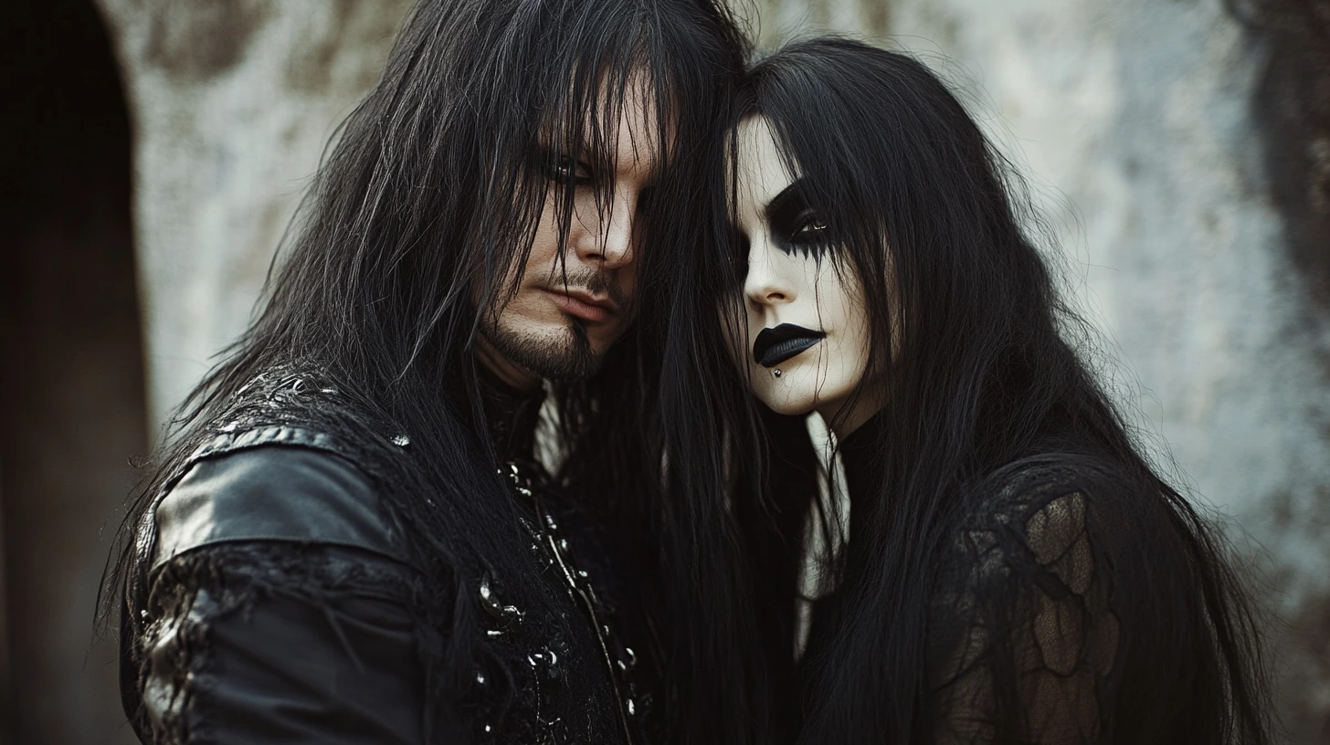 A black metalhead man and a gothic woman with long black hair, both in black attire, standing close together with a solemn expression in a dimly lit, gothic setting.