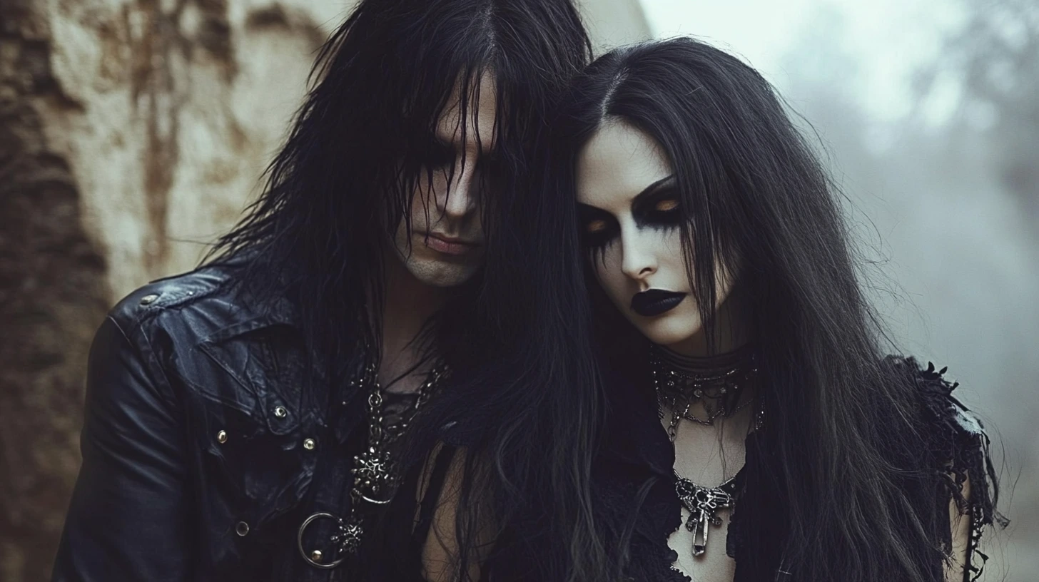 A black metalhead man and a gothic woman with long black hair, both in dark, edgy attire, standing close with a solemn expression in a dimly lit environment.
