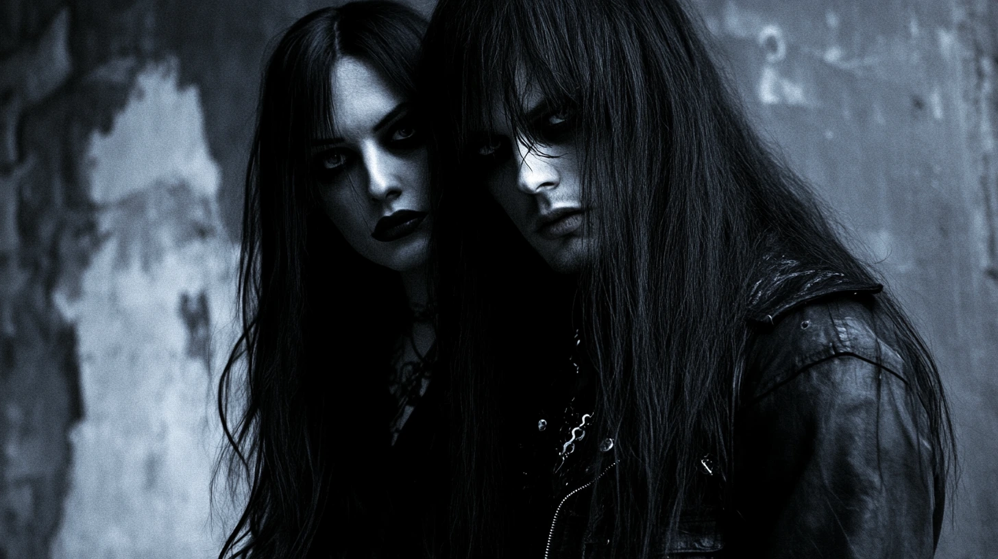 A melancholic black metalhead man and gothic woman with long black hair, both dressed in black, standing close together with a somber expression.