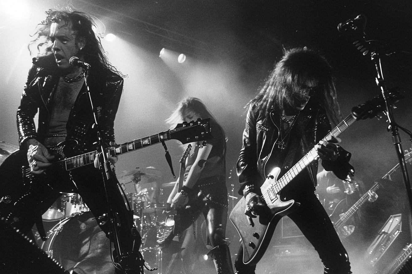 Black and white photo of a heavy metal band performing on stage with intense energy, lead guitarist singing into the microphone.