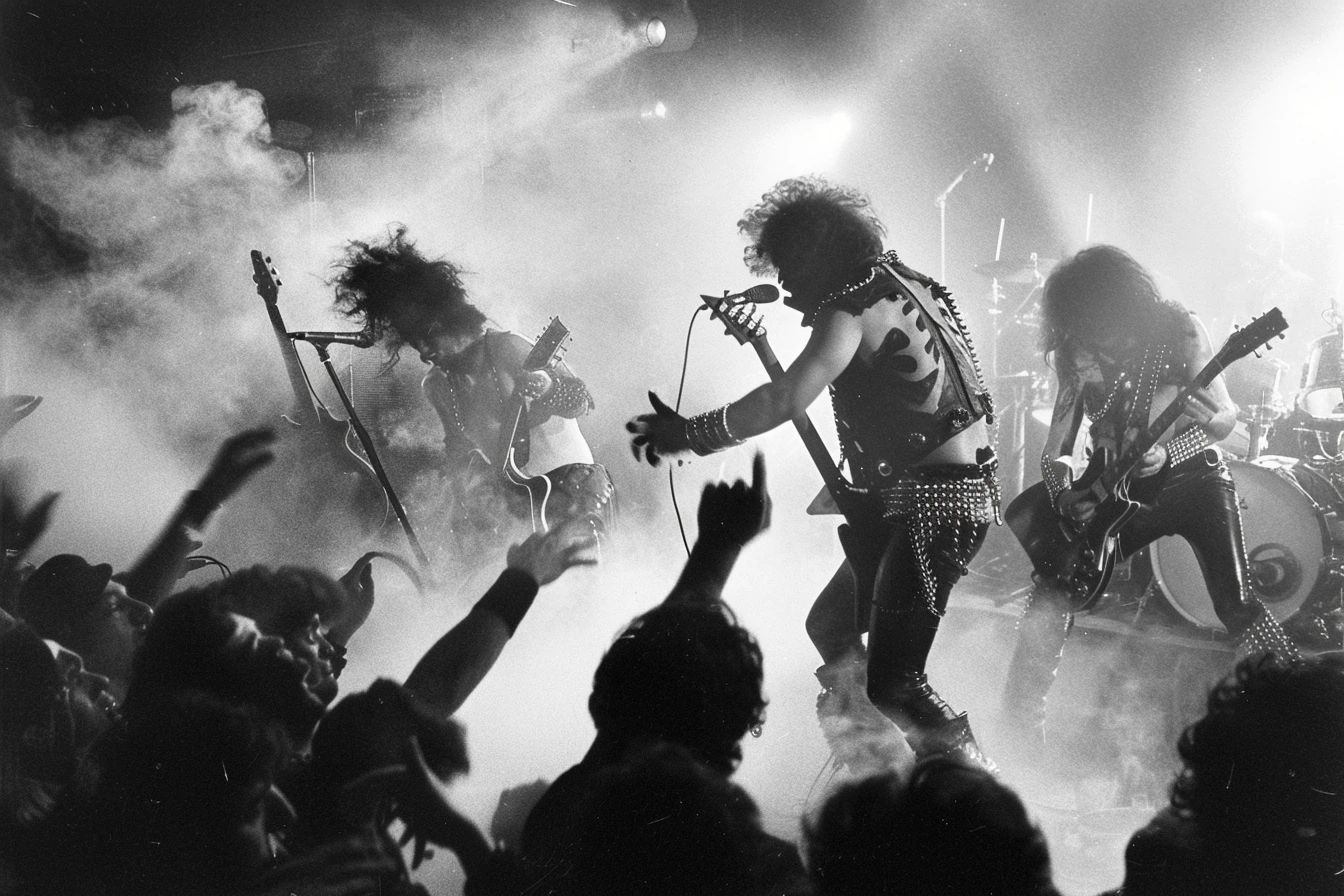 Heavy metal band performing on stage with dramatic lighting, the lead guitarist and bassist immersed in their performance.
