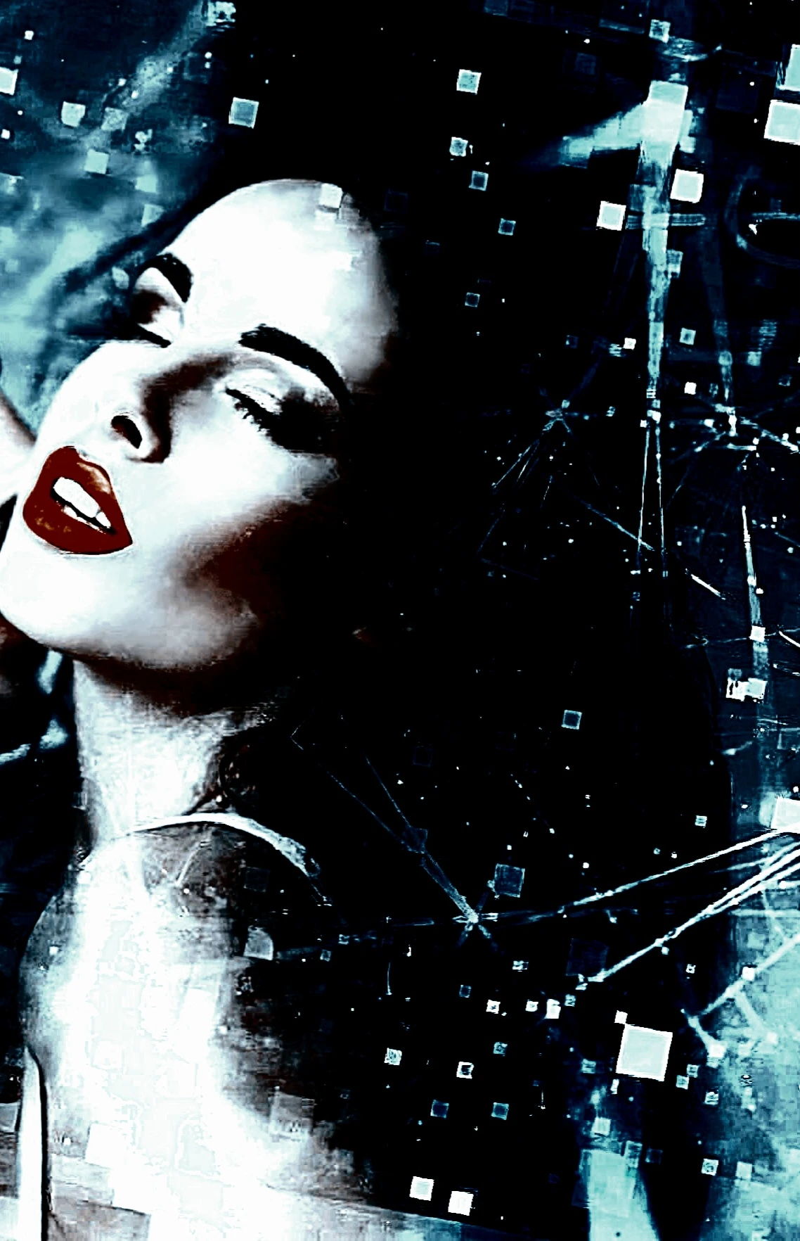 A woman in a red dress lounging on a couch, silhouetted against a dark background, creating a moody and contemplative atmosphere.
