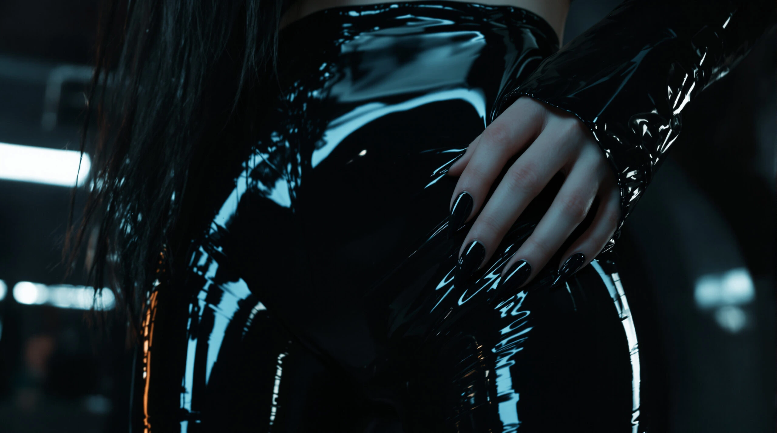 Hand with long black nails gripping glossy latex-clad hip, shine reflecting cold industrial light.