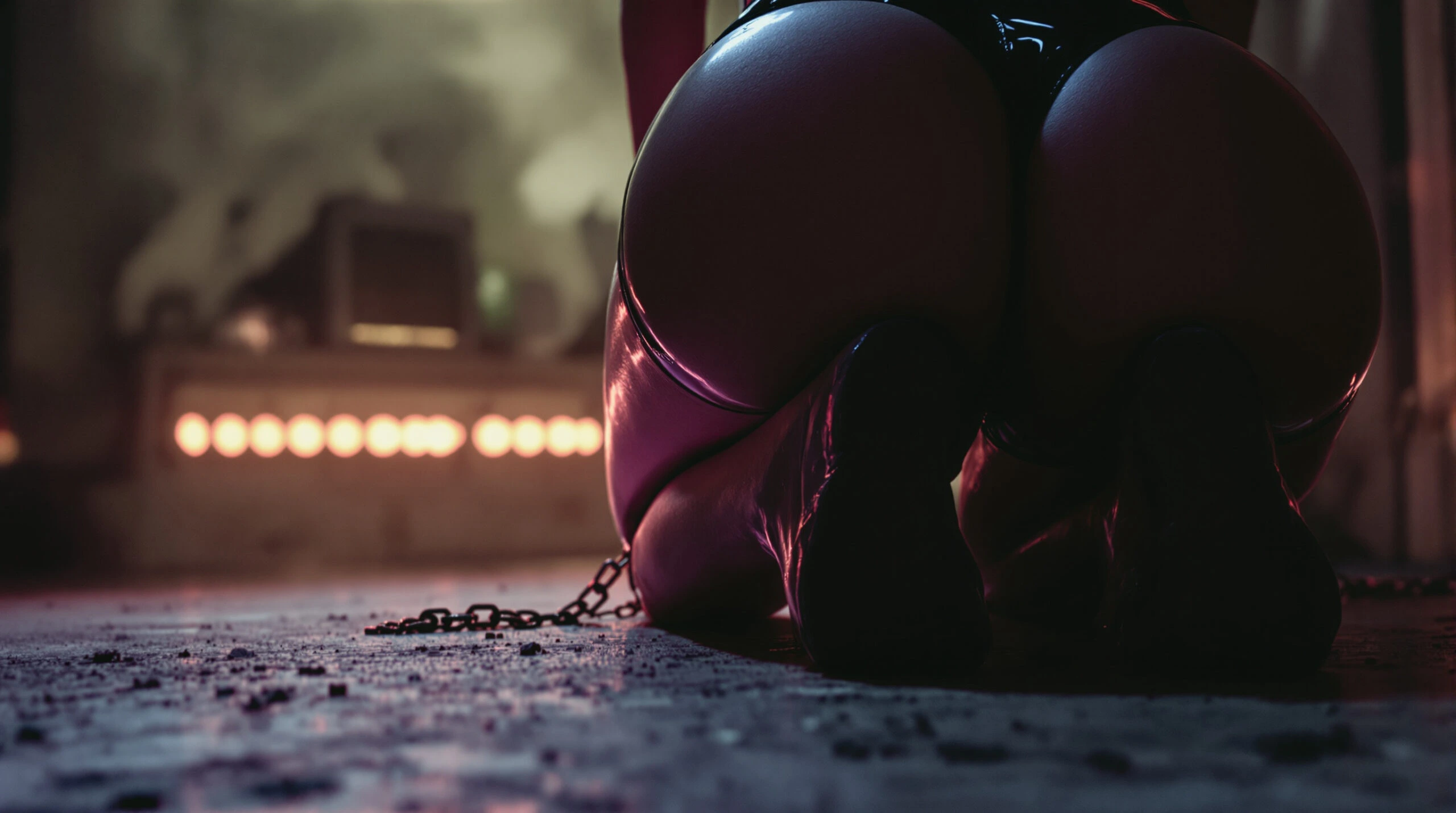 Close-up of glossy thong stretching across bare buttocks, curves highlighted by spotlight.
