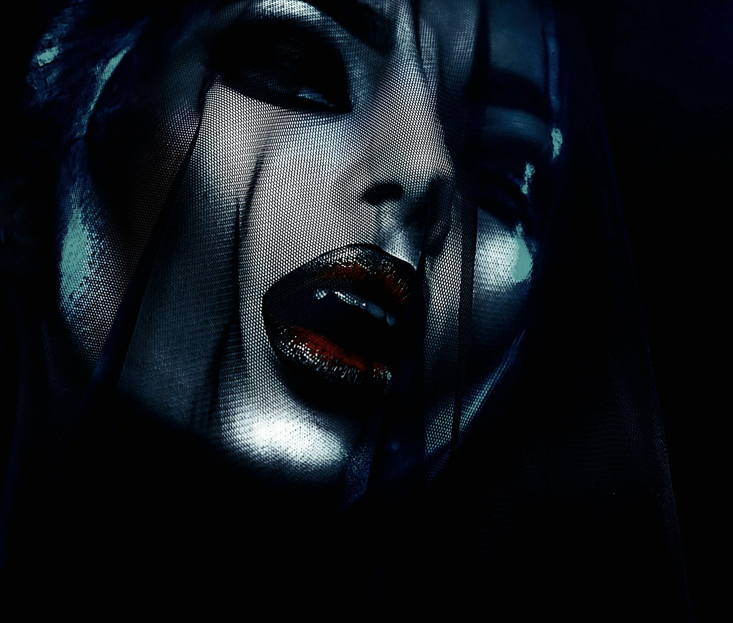 Close-up of a woman's face with a veil, showcasing dark makeup and red lips in a vampire goth velvet attire style.