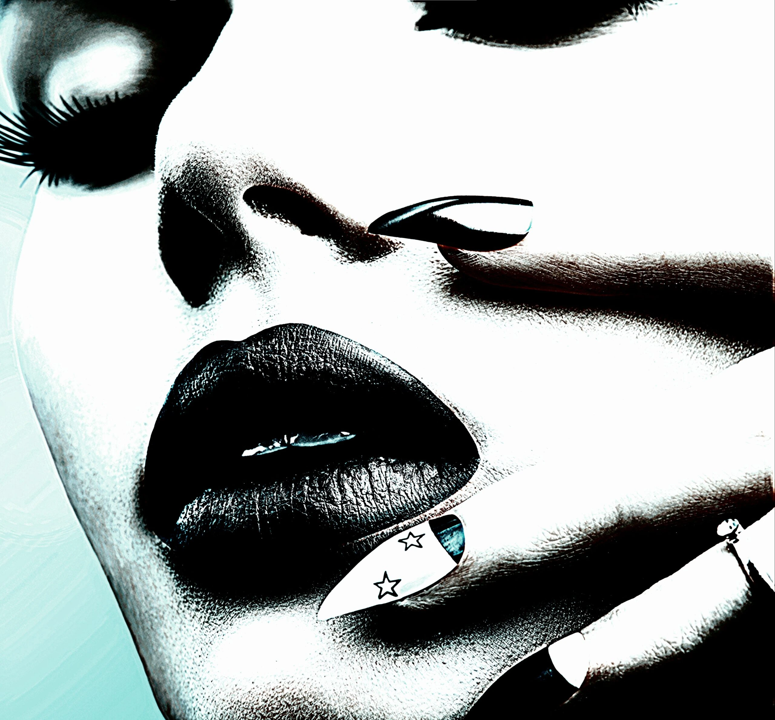Woman's face with black lipstick and sharp nails, exuding a vampire goth velvet attire style.