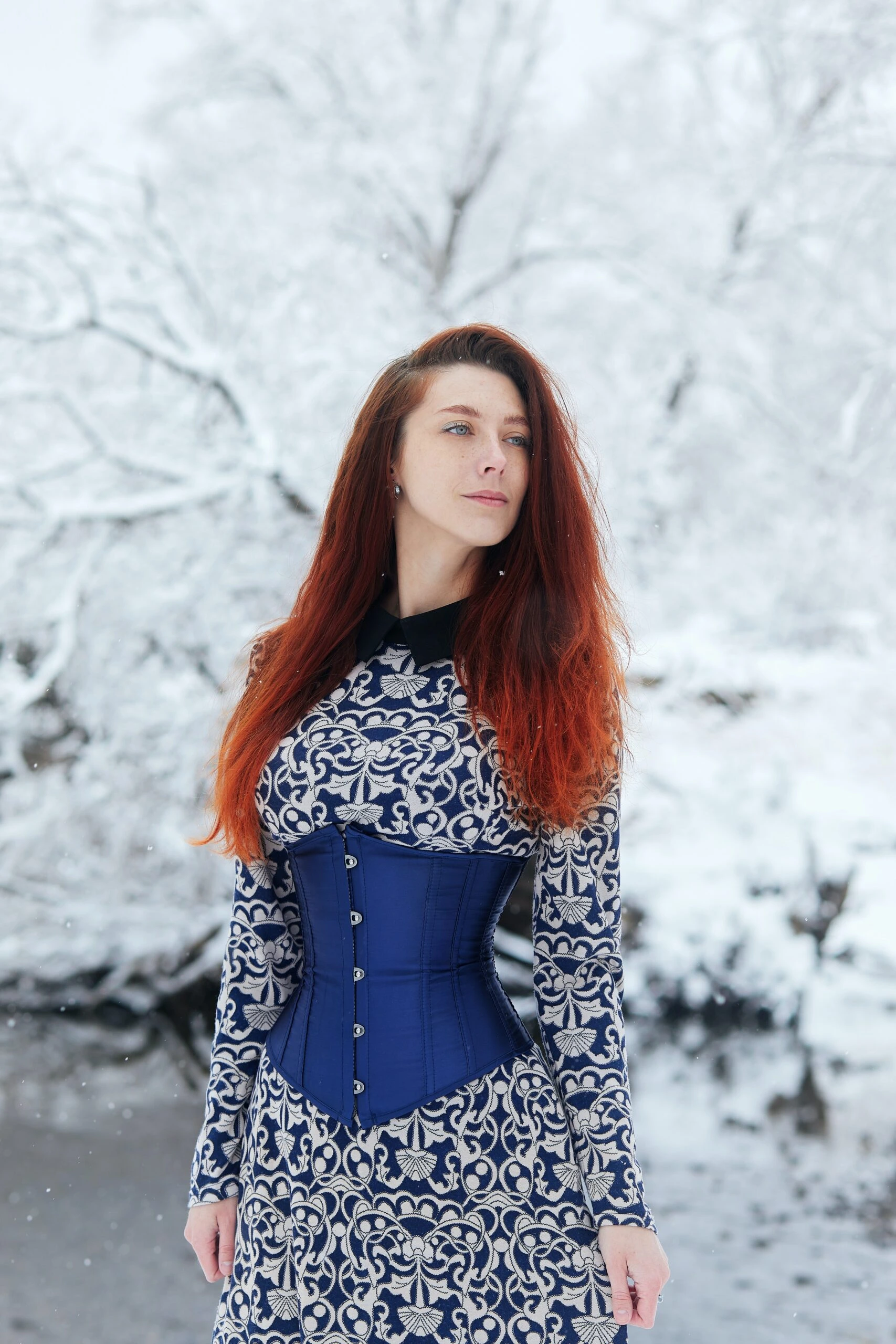 Woman in a blue corset and patterned dress standing in a snowy landscape, highlighting winter fashion and corset styling.