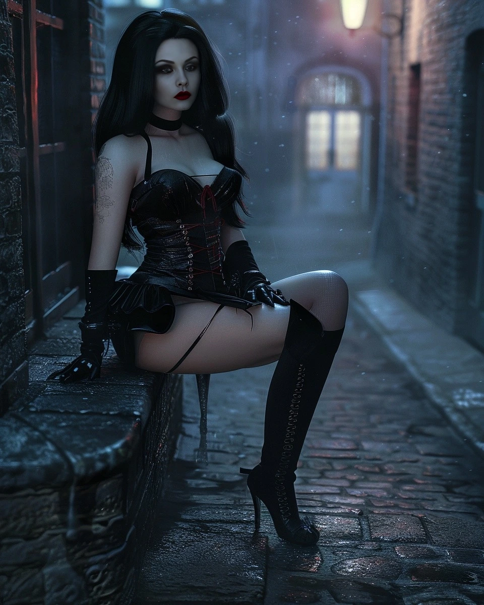 A gothic woman with long black hair and dark makeup, wearing a black corset and high boots, sitting on a stone ledge in a dark, foggy alley.