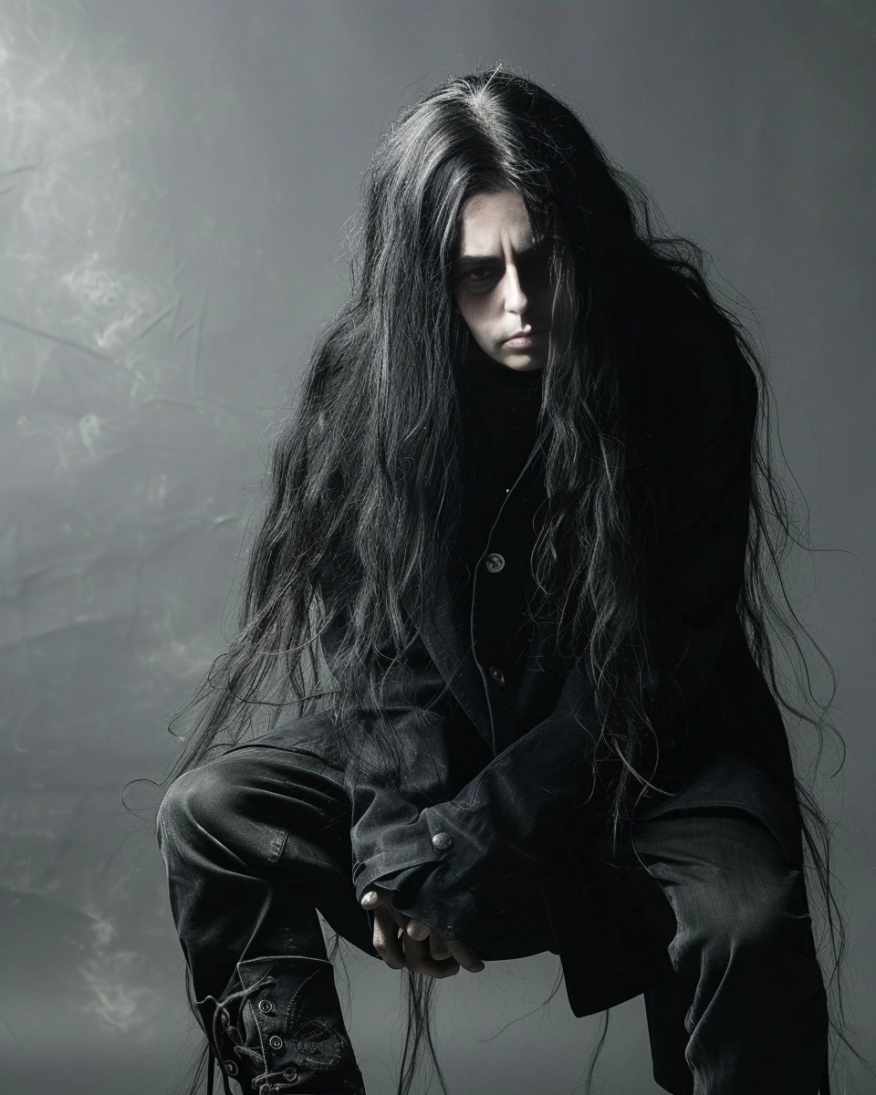 A gothic vampire man with long black hair, dressed in black, sitting in a dark, misty environment, with a somber expression.