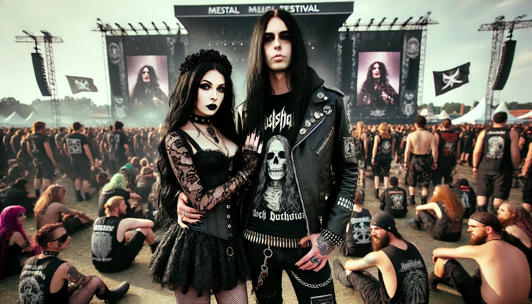 Gothic woman and black metalhead man standing close together at a metal festival, with stages and crowds in the background. The woman wears a black lace dress, and the man in a leather jacket and band t-shirt.