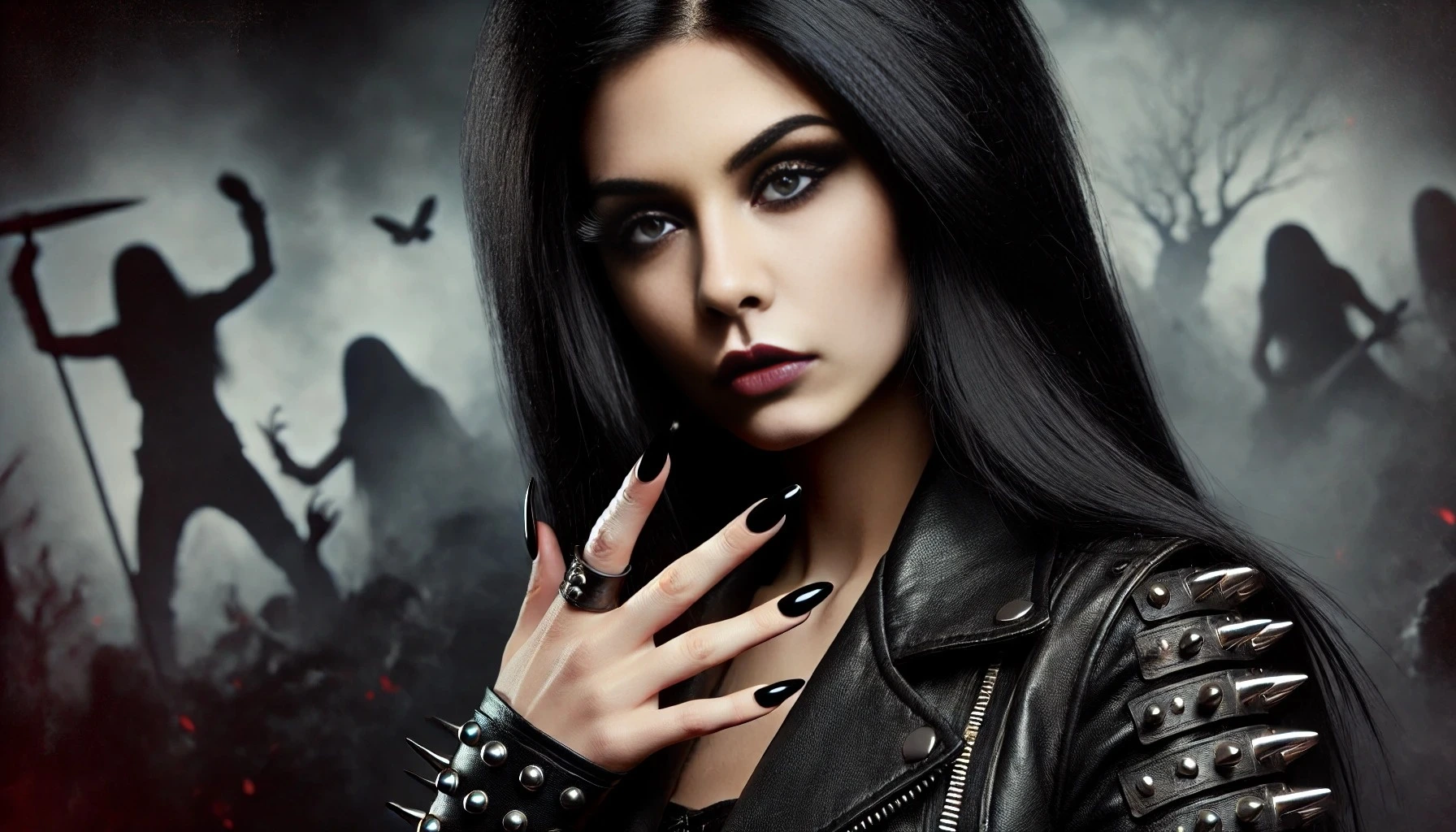 Black metalhead woman with long black hair, smokey eye makeup, and long black nails, wearing a studded leather jacket, with a dramatic, war-torn background.