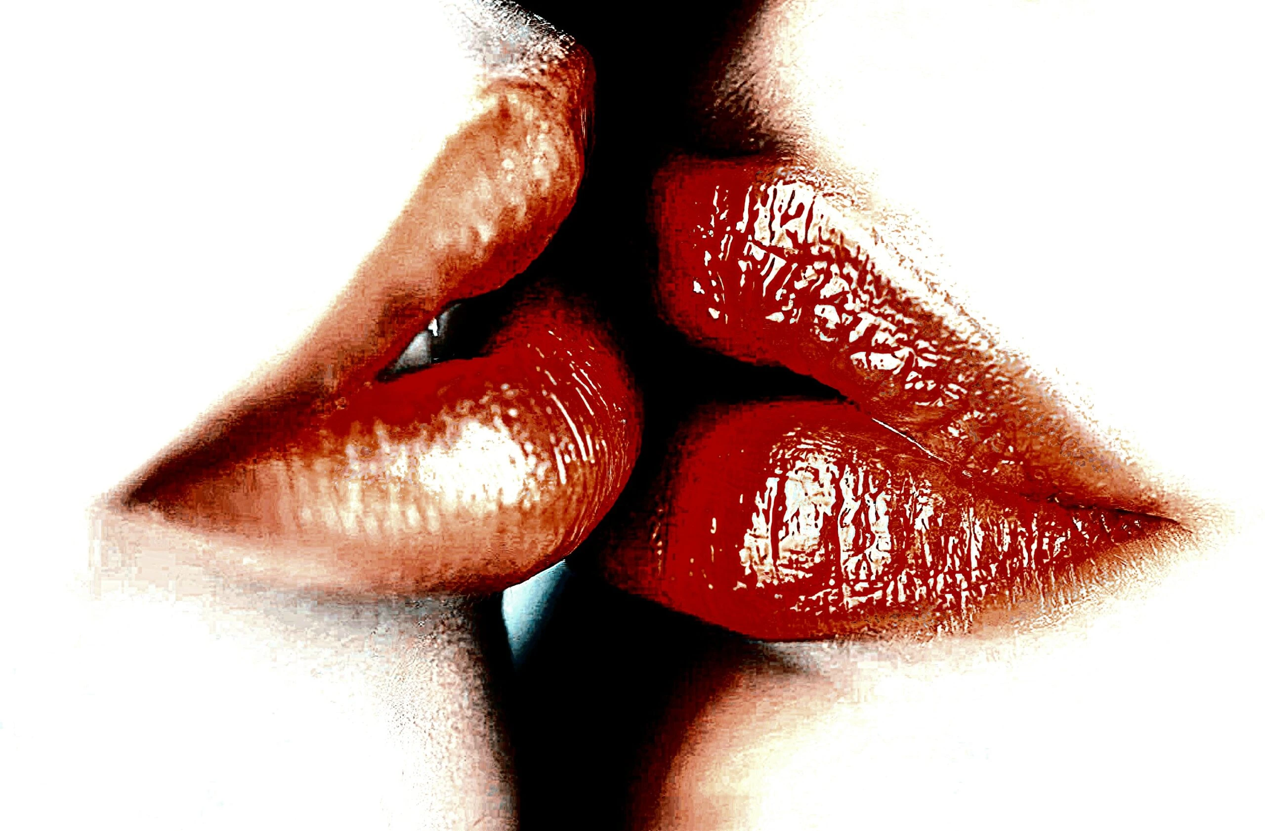 Close-up of two pairs of lips about to kiss, highlighted with intense red tones.
