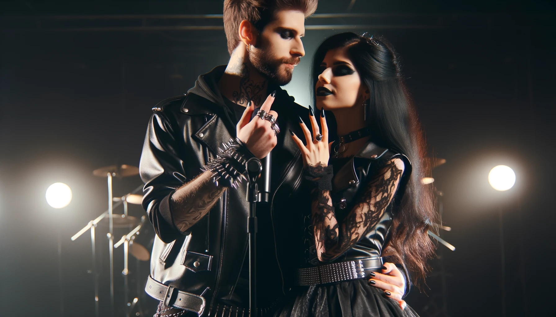 Metalhead couple with long black hair, dressed in black leather and boots, dancing to a metal ballad on stage with dark background. best heavy metal ballads.