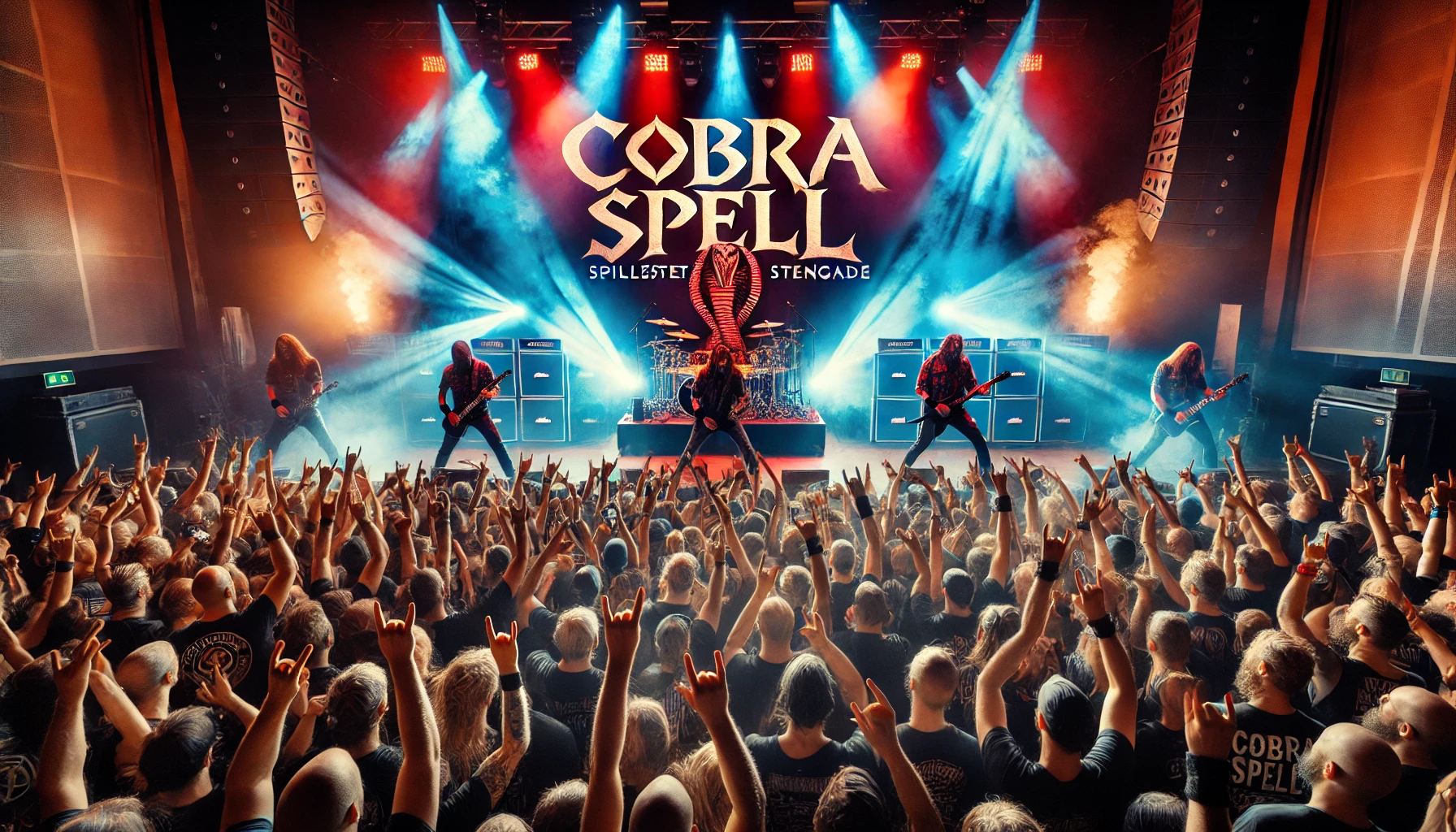 Dynamic image capturing Cobra Spell's live performance at Spillestedet Stengade in Copenhagen on August 23, 2024, with vibrant stage lights, energetic band members, and an enthusiastic metalhead crowd.