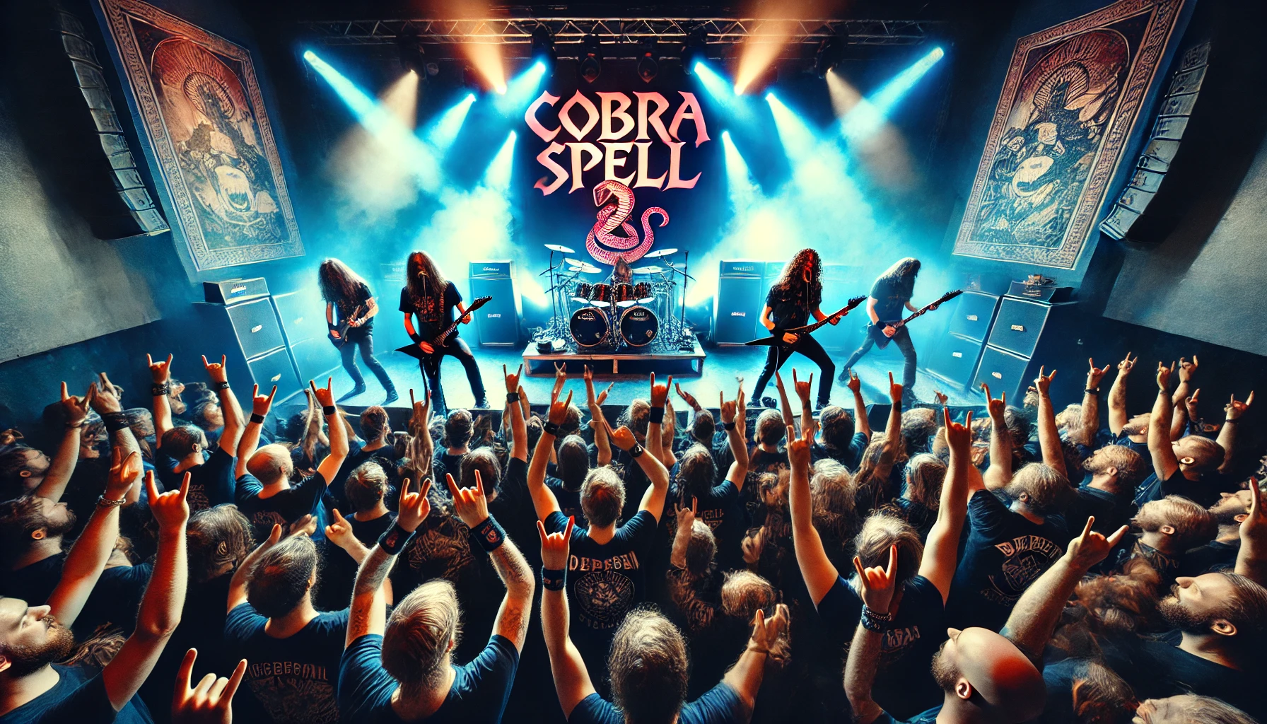 Intense image capturing Cobra Spell's live performance at Spillestedet Stengade in Copenhagen on August 23, 2024, with vibrant stage lights, energetic band members, and an enthusiastic metalhead crowd.