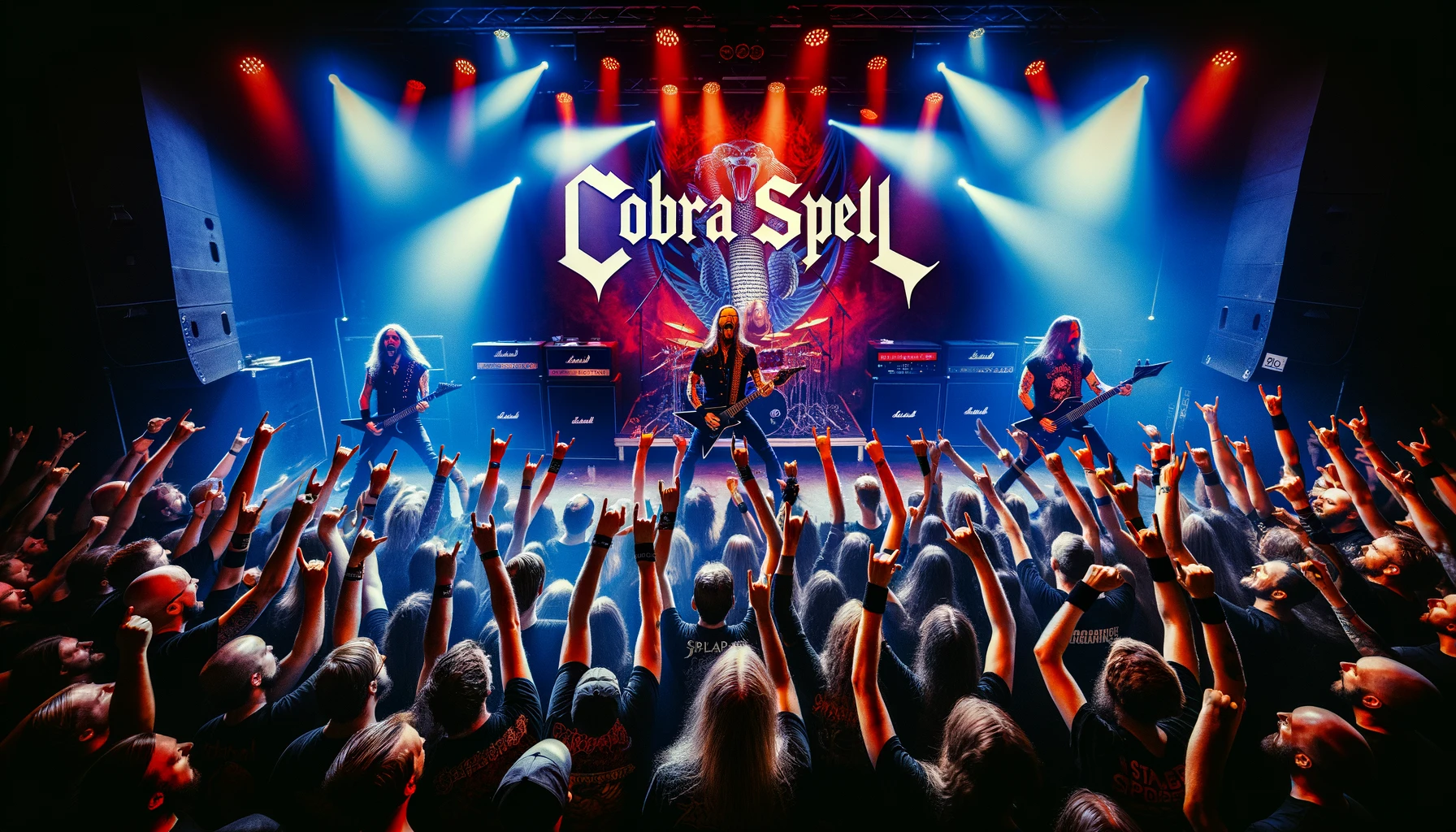 Electrifying concert scene of Cobra Spell performing live at Spillestedet Stengade in Copenhagen on August 23, 2024, with vibrant stage lights, energetic band members, and enthusiastic metalhead crowd.