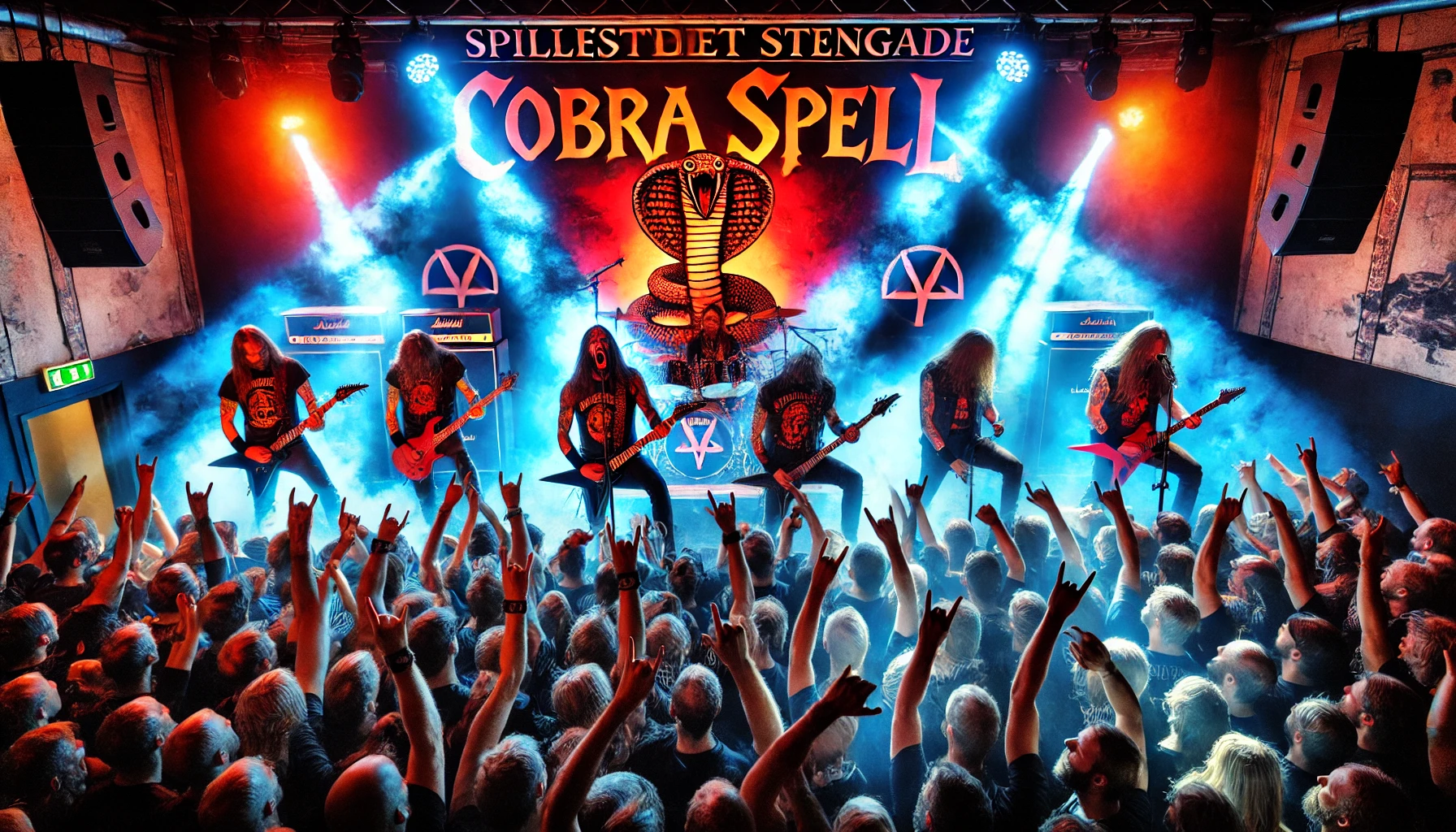 High-energy image of Cobra Spell performing live at Spillestedet Stengade in Copenhagen on August 23, 2024, with vibrant stage lights, passionate band members, and an enthusiastic metalhead crowd.