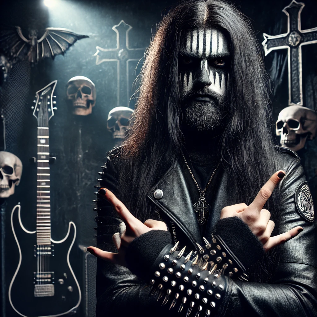 A black metalhead man in a dark, moody setting, with long hair, black clothing, and corpse paint on his face, standing with a fierce expression. Behind him are skulls, guitars, and dark, ominous lighting.