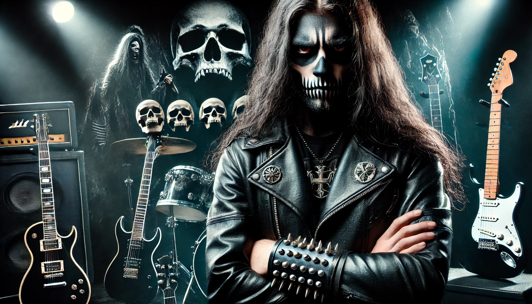 A black metalhead man in a dark, moody setting, with long hair, black clothing, and corpse paint on his face, standing with a fierce expression. Behind him are skulls, guitars, and dark, ominous lighting.