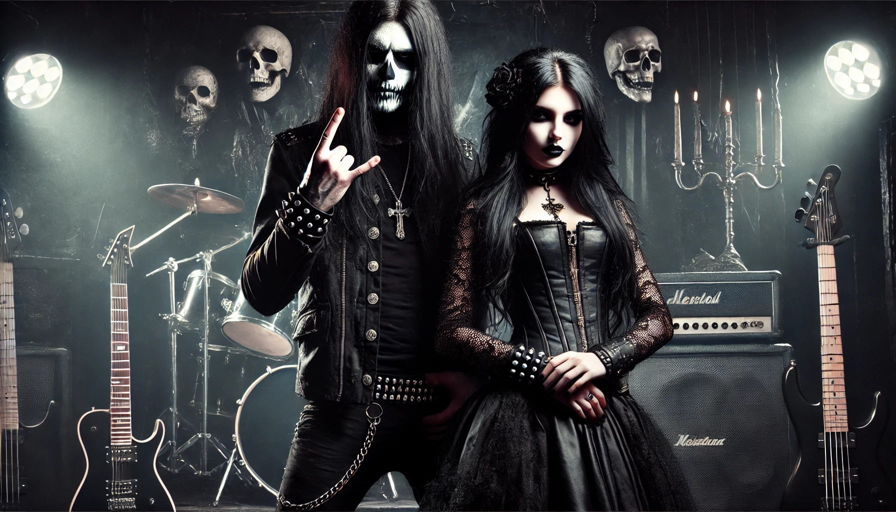 A black metalhead man and a gothic woman in a dark, moody setting. The man has long hair, black clothing, and corpse paint on his face, standing with a fierce expression. The gothic woman, with long dark hair and elegant dark clothing, stands beside him with a defiant look. The background includes skulls, guitars, and dark lighting.