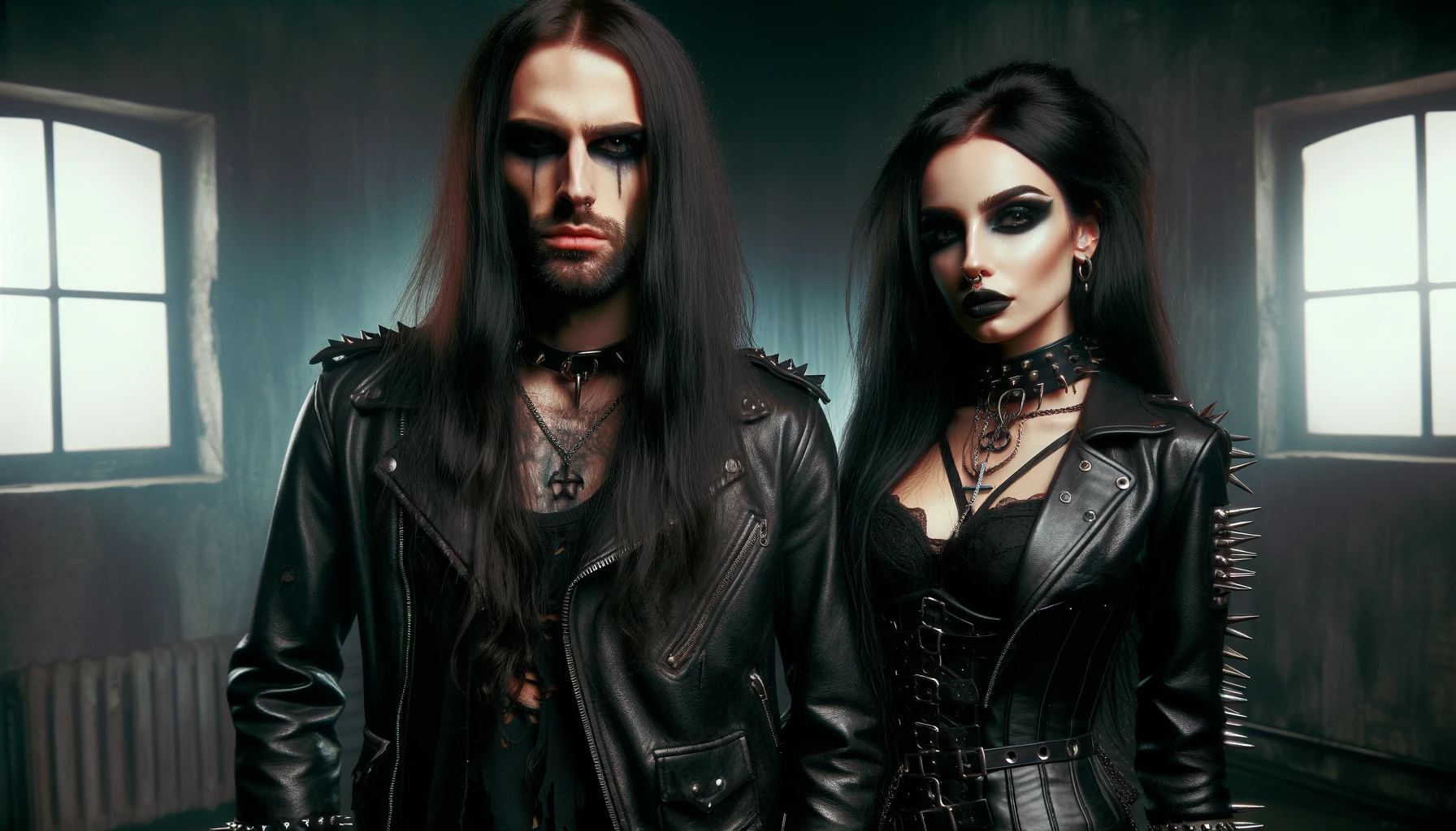 A black metalhead man and woman dressed in leather with long black hair, smoky eye makeup, and long black nails, standing in a dark gritty environment.